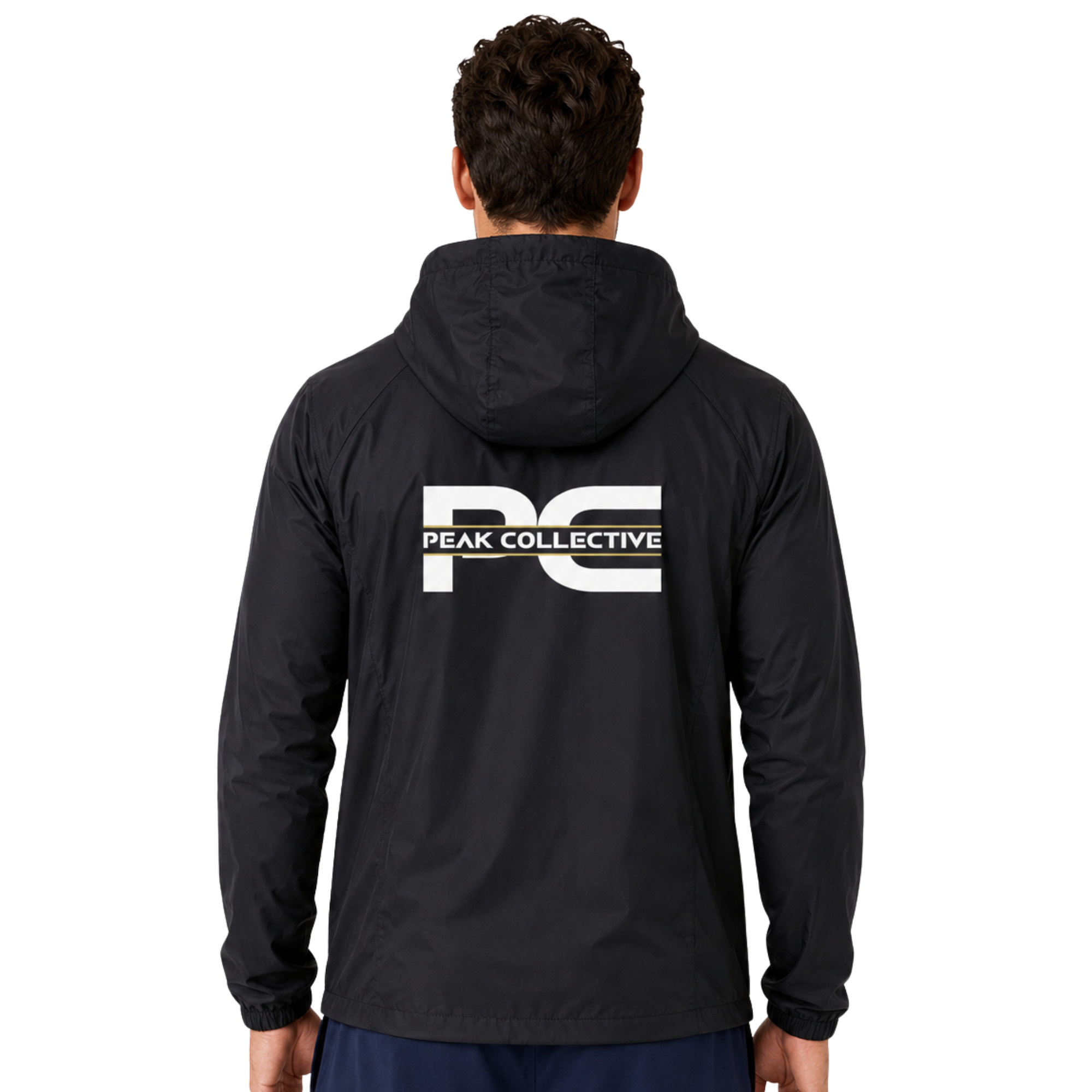 Model showing back view black AerisShell lightweight performance windbreaker jacket with visible brand logo on grey background – breathable activewear layer for running, outdoor training, workouts, and everyday movement