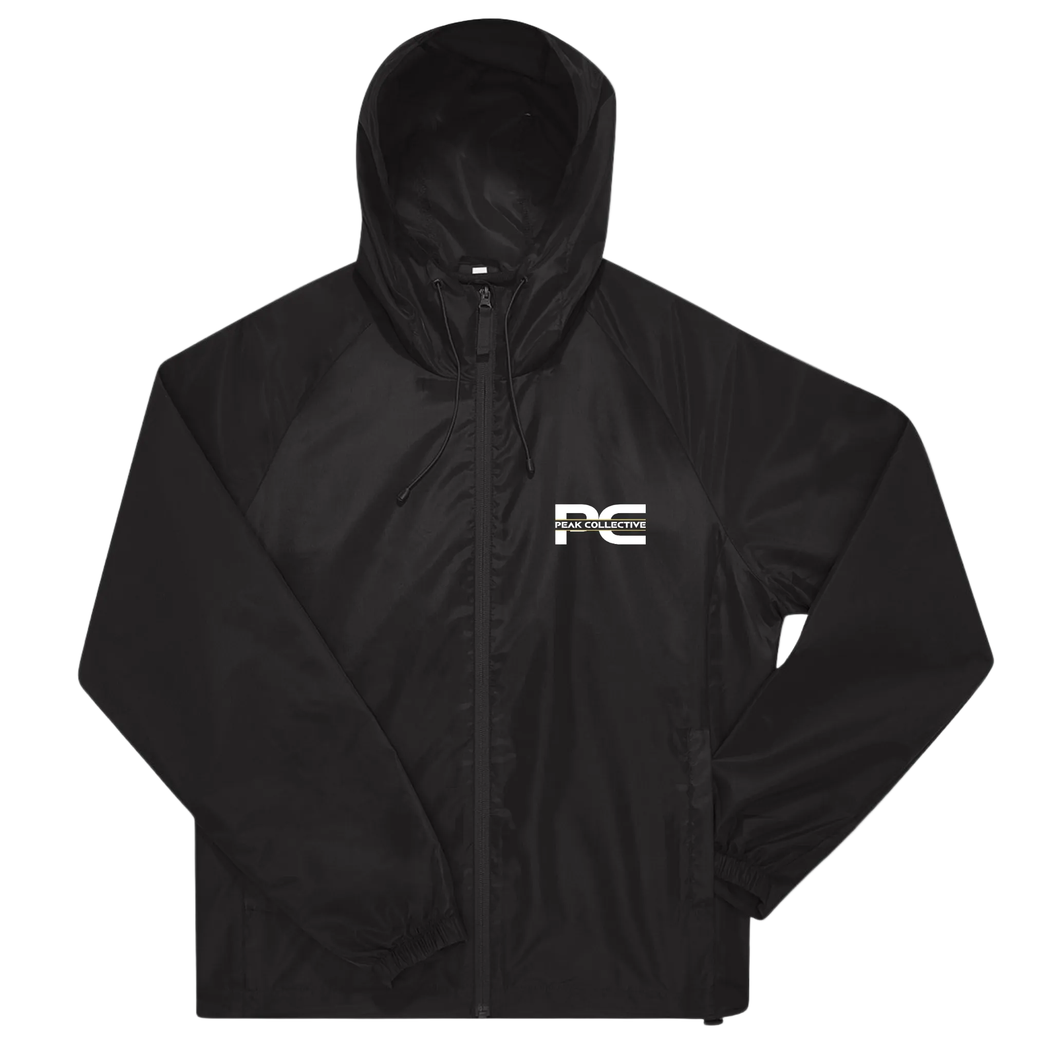 Unisex AerisShell lightweight windbreaker jacket in black with logo, displayed on a light grey background, designed for running, training, and outdoor activities.