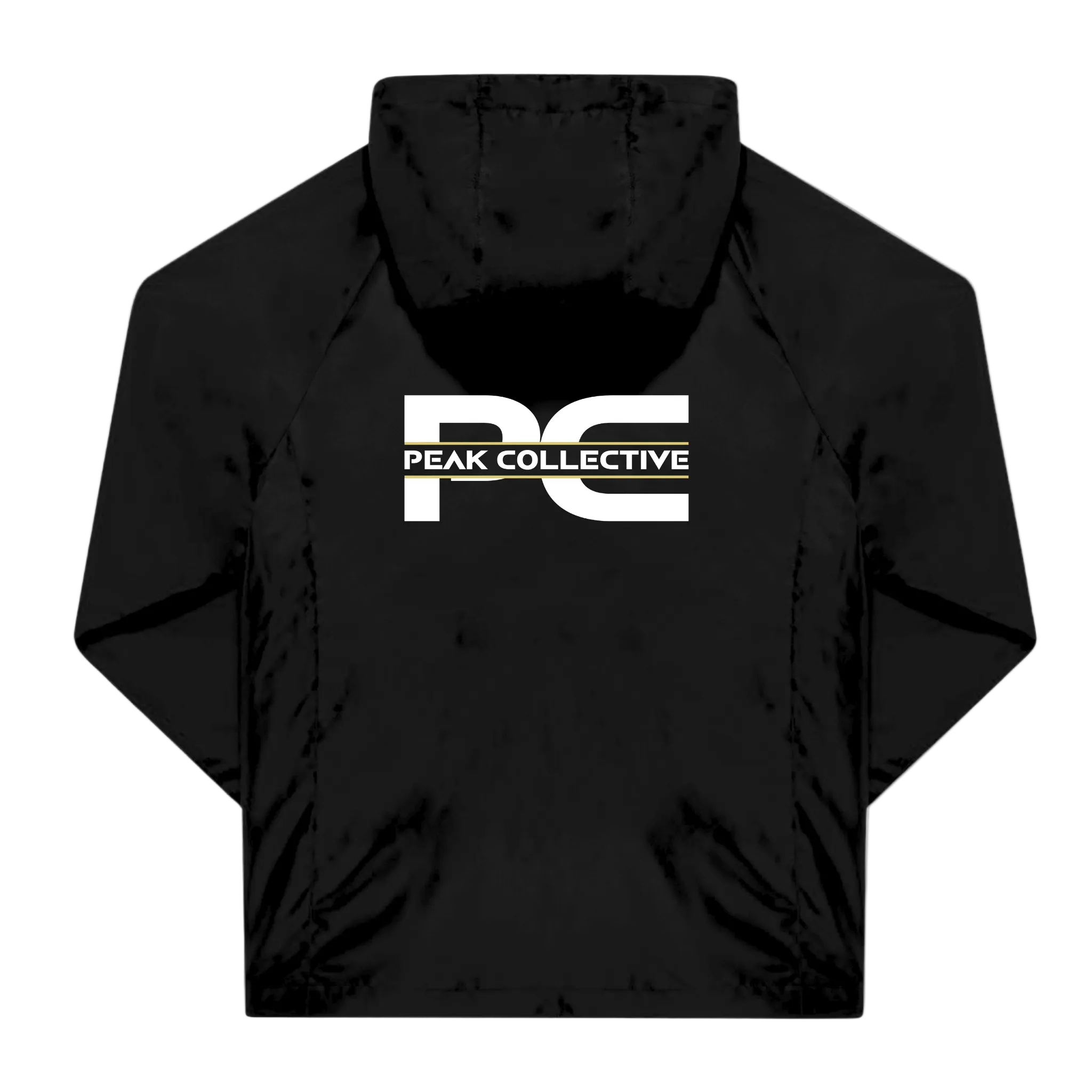 Back view of unisex black AerisShell windbreaker jacket with Peak Collective logo on a light grey background, designed for running, training, and outdoor activities.