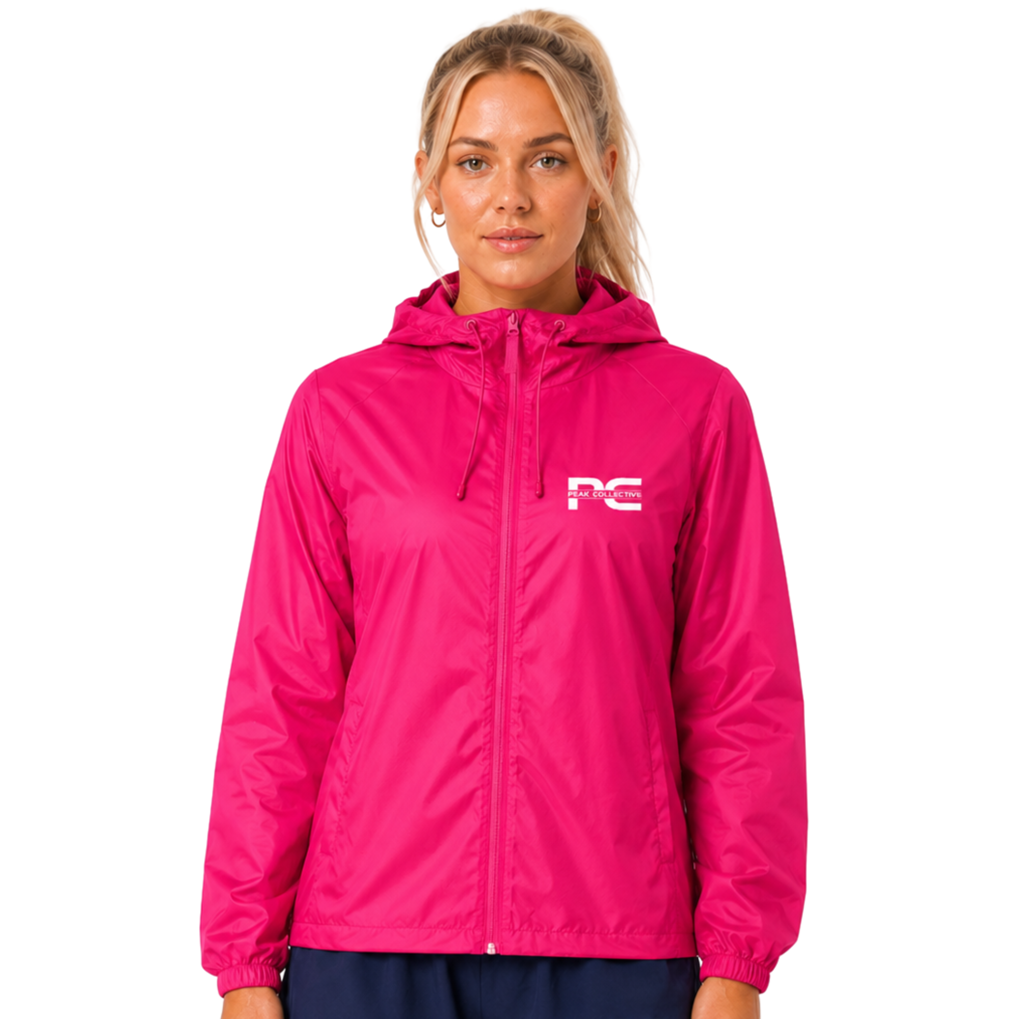Model wearing pink AerisShell lightweight performance windbreaker jacket with visible brand logo on white background – breathable activewear layer for running, outdoor training, workouts, and everyday movement