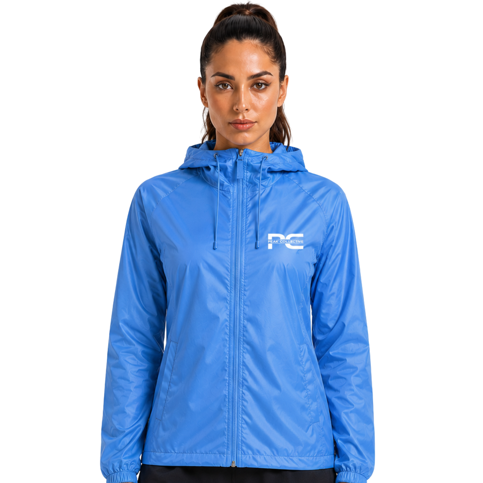 Model wearing sapphire blue AerisShell lightweight performance windbreaker jacket with visible brand logo on grey background – breathable activewear layer for running, outdoor training, workouts, and everyday movement