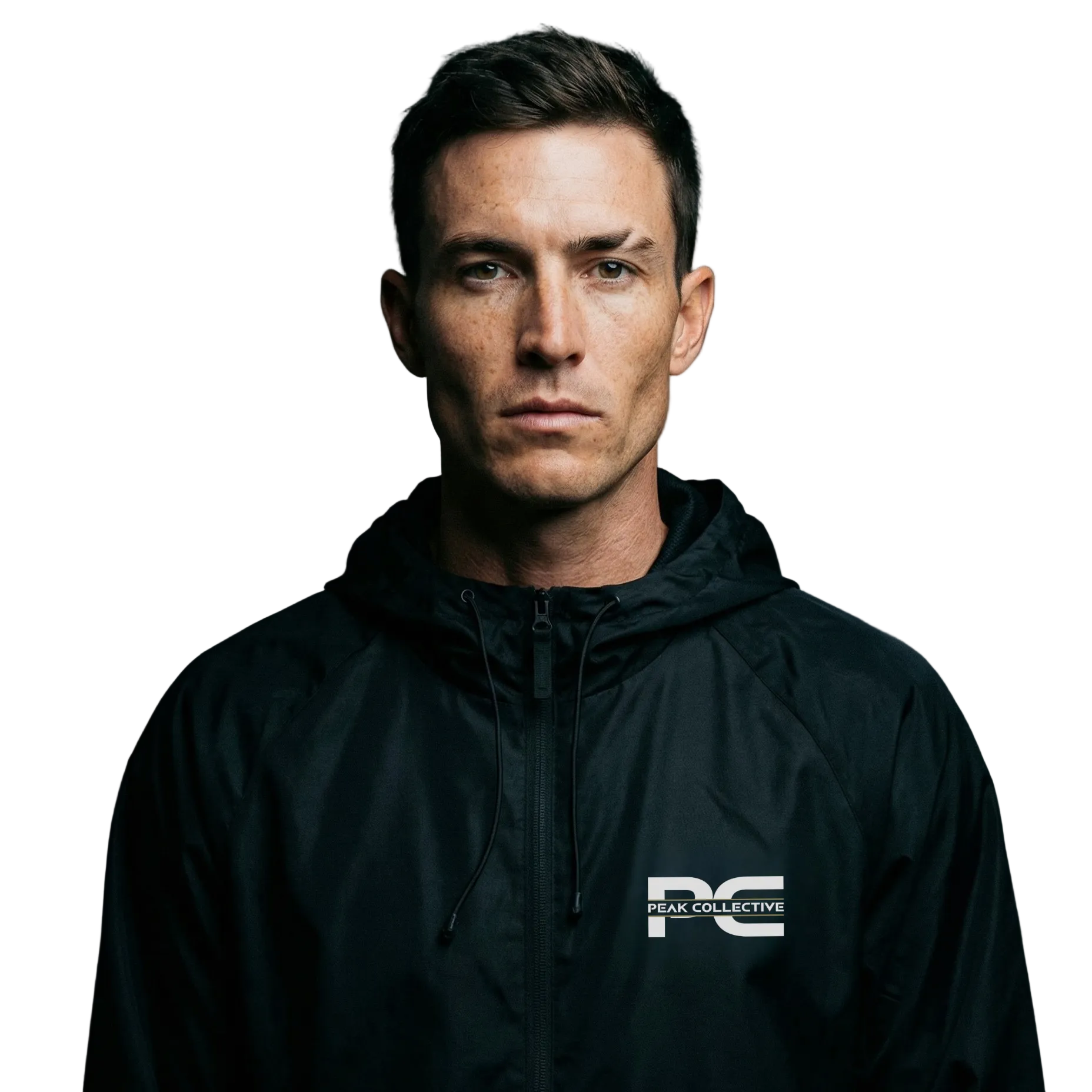 Model wearing AerisShell lightweight performance windbreaker jacket in black with a visible brand logo on a grey background, designed for running, training, and outdoor activity.