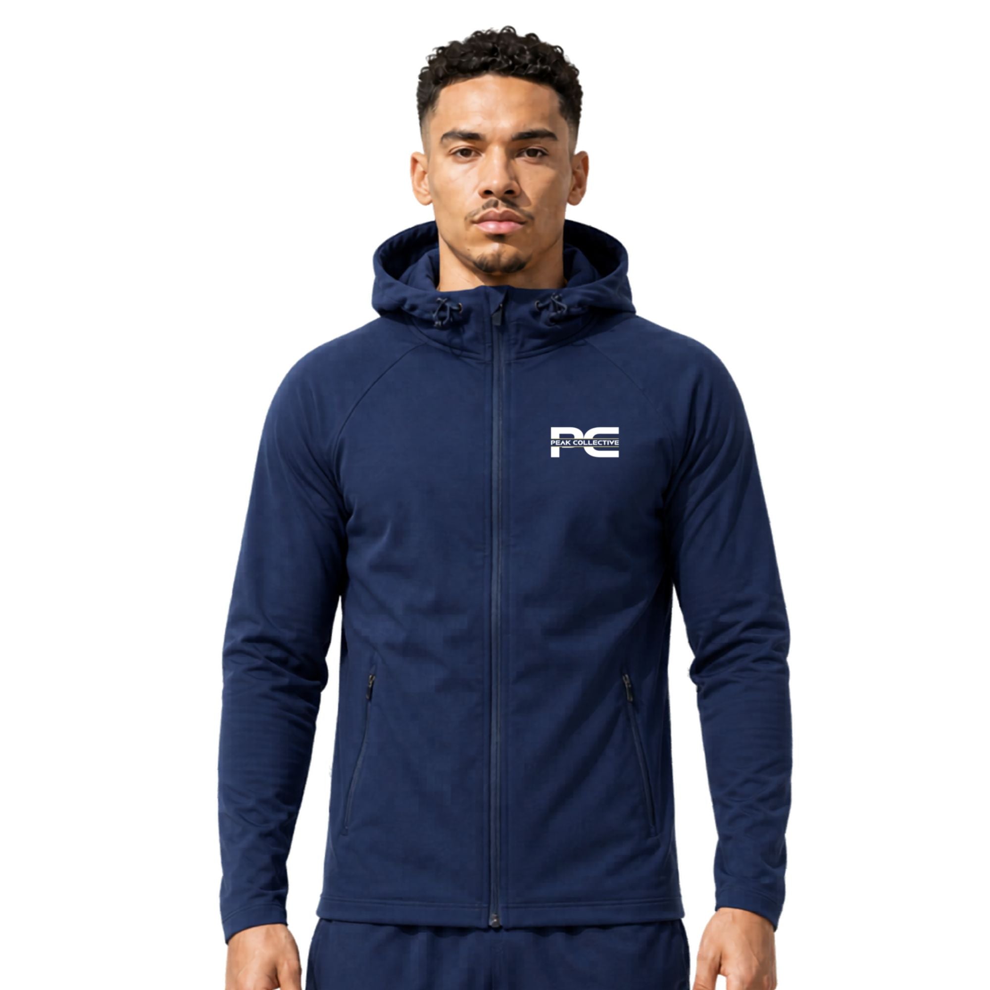 Male model wearing Navy unisex performance zip running jacket on plain white studio background
