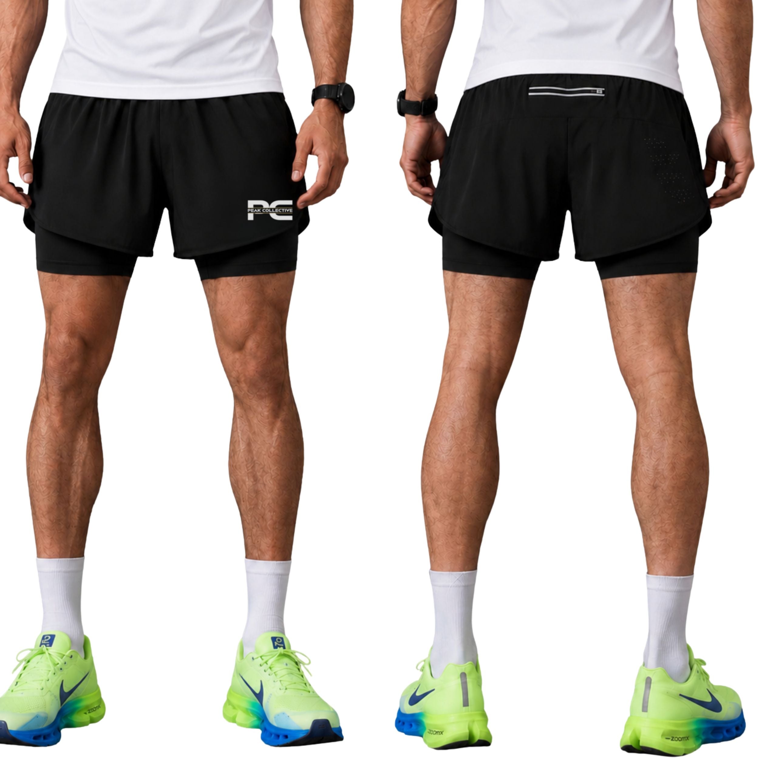 Male model wearing Black AeroShorts double-layer athletic running shorts with built-in coverage undershorts on white background – lightweight men’s performance shorts for running, gym workouts, jogging, and marathon training