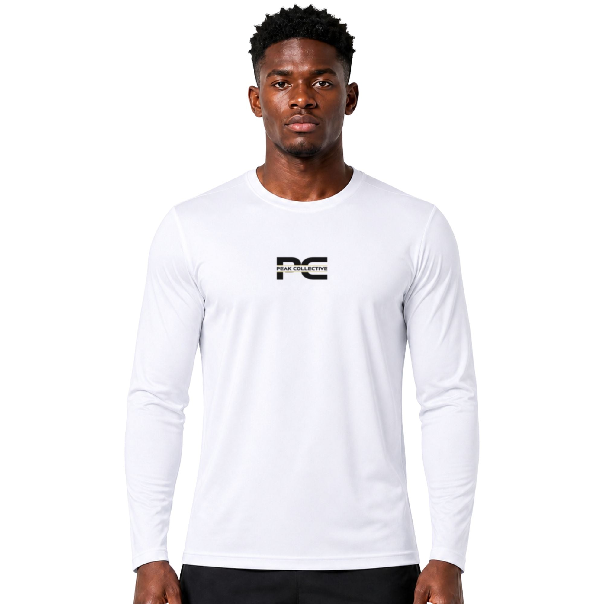 Male model wearing white AeroSleeve long-sleeve performance shirt with logo on white background – lightweight men’s running top for training, gym workouts, jogging, and activewear performance