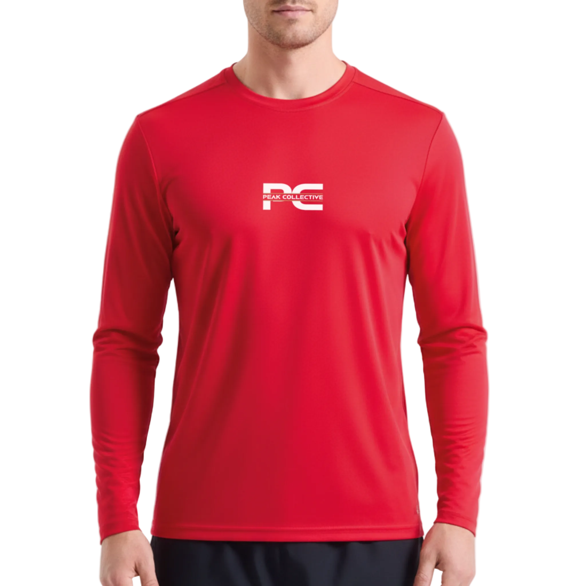 Model wearing AeroSleeve long sleeve performance top in red with a visible logo on a grey background, suitable for running, training, and active workouts.