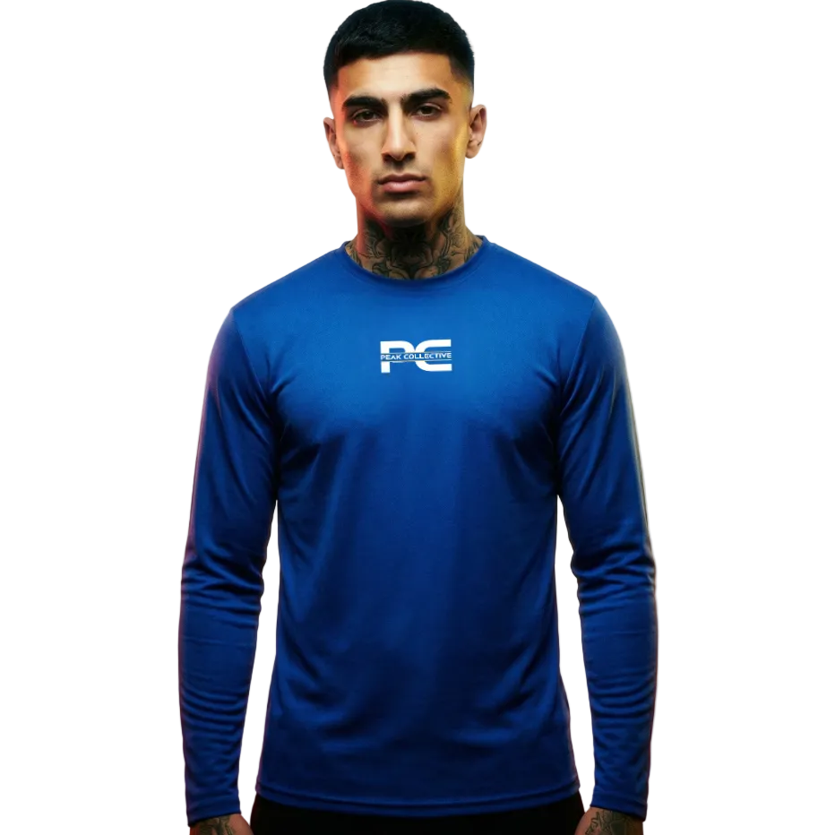 Model wearing AeroSleeve long sleeve performance top in Royal Blue with a visible logo on a horizon background, suitable for running, training, and active workouts.