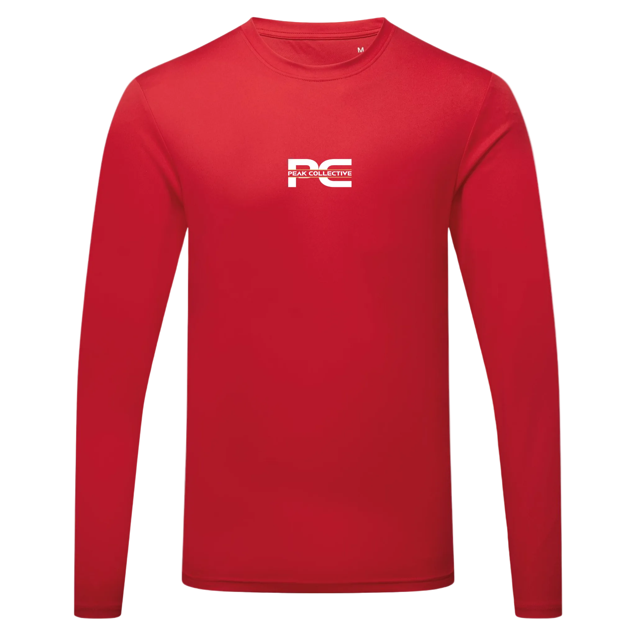 Men’s red AeroSleeve long-sleeve performance top with logo, displayed on a neutral grey background, perfect for training, running, and outdoor workouts.