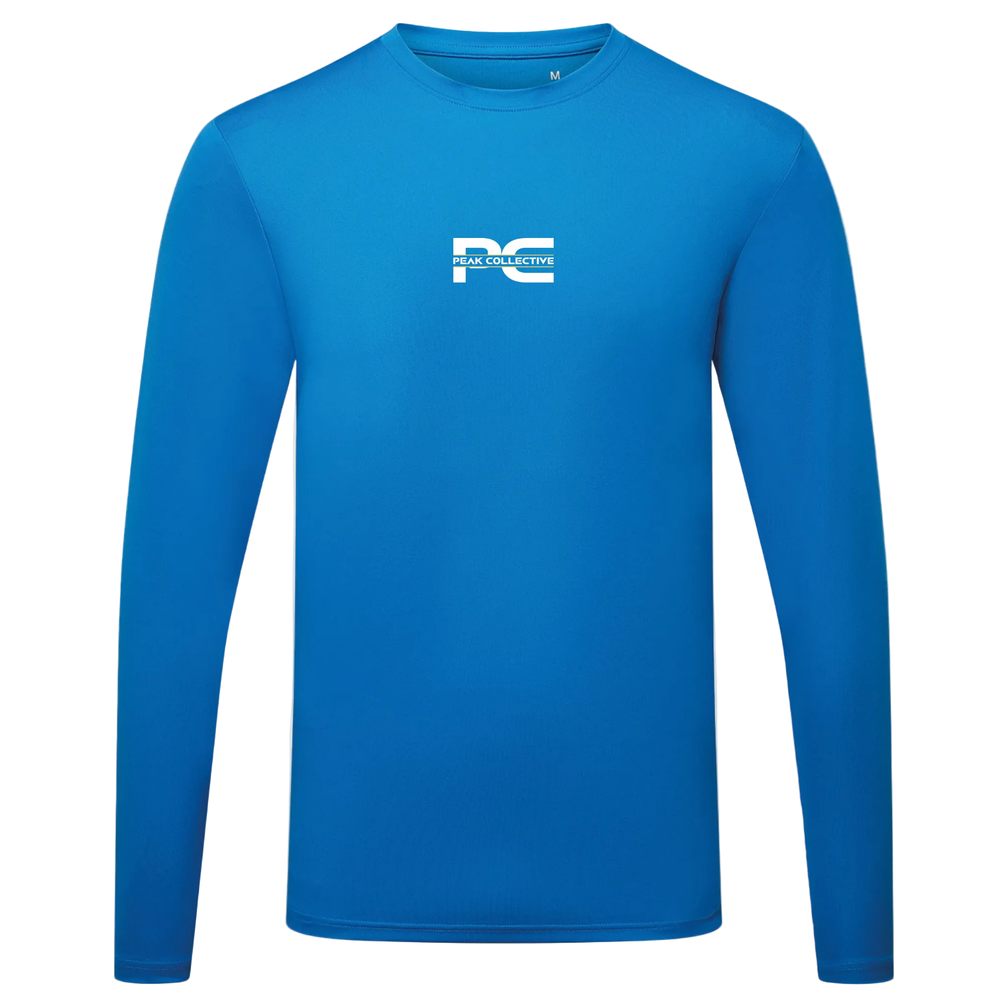 Men’s sapphire blue AeroSleeve long-sleeve performance top with logo, displayed on a neutral grey background, perfect for training, running, and outdoor workouts.