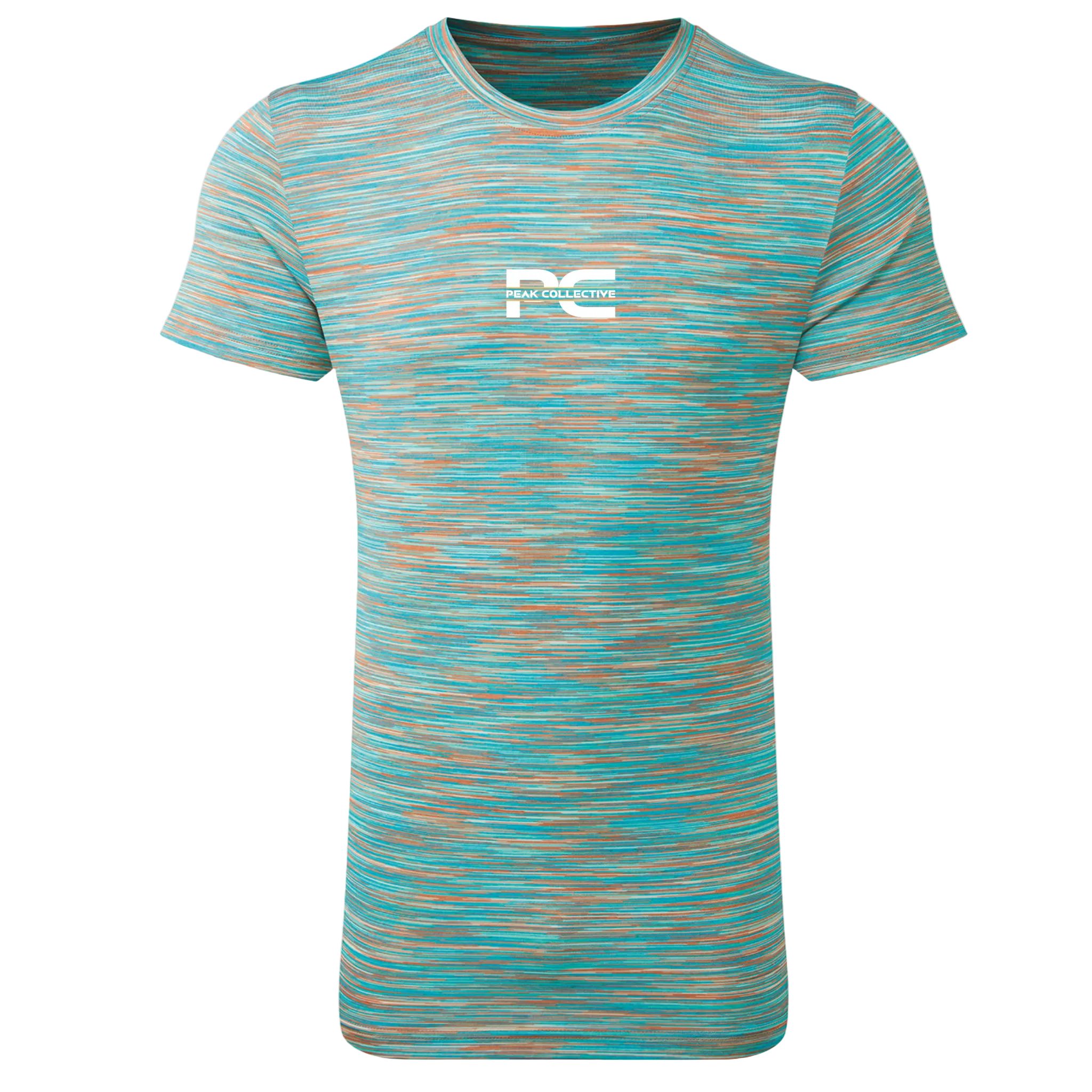 Men’s Aurora Green teal and golden brown striped running performance t-shirt with logo, breathable athletic sports top on light background.