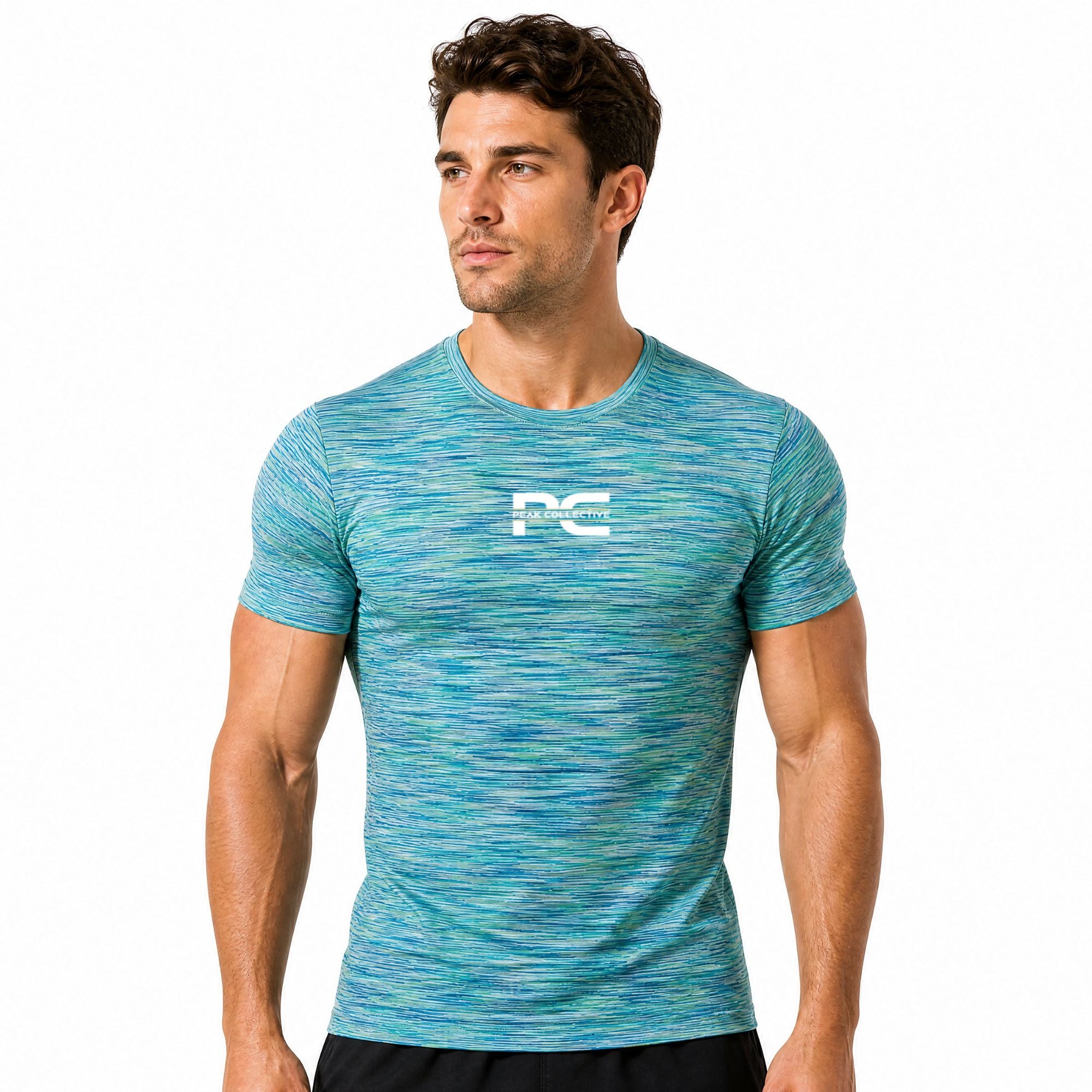 Man wearing Static Blue patterned athletic AeroSpace t-shirt with logo on white background – breathable men’s performance running shirt for gym workouts, training, jogging, and activewear use