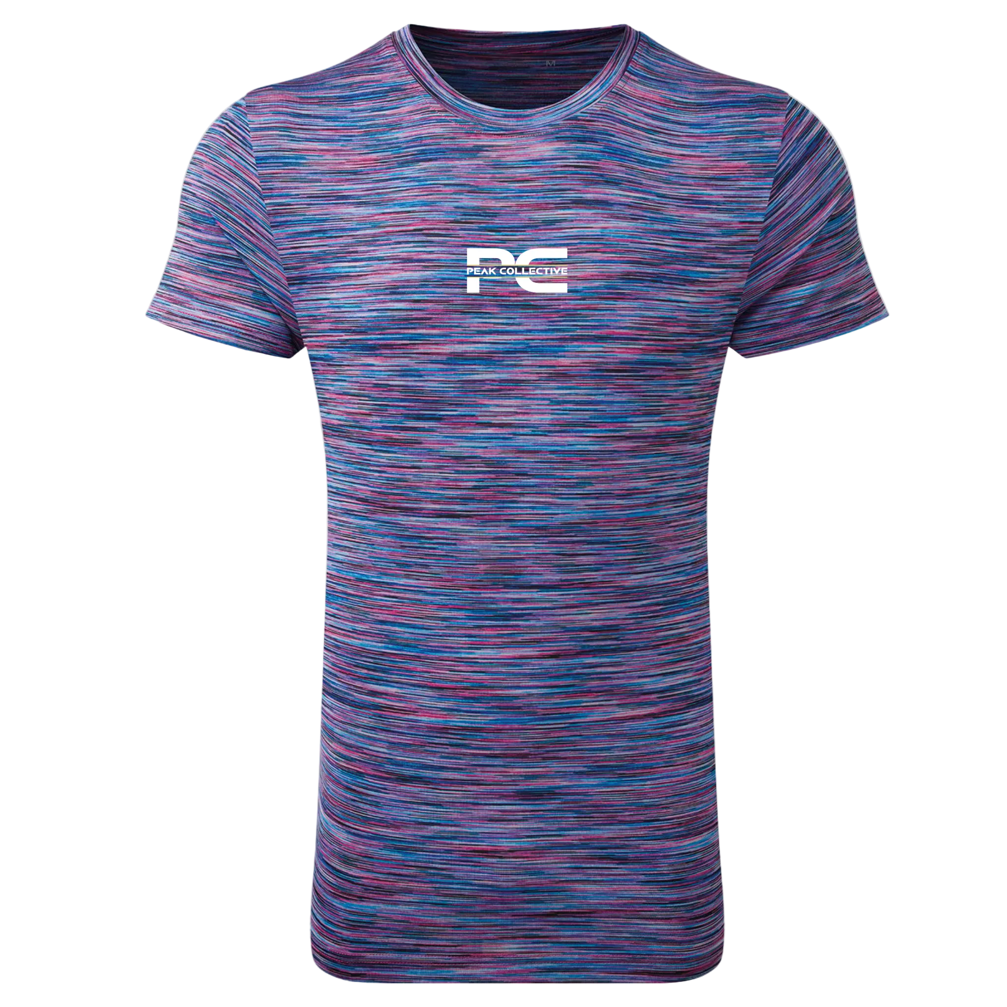 Men’s Magenta Pulse running performance t-shirt with logo, breathable athletic training shirt on light studio background.