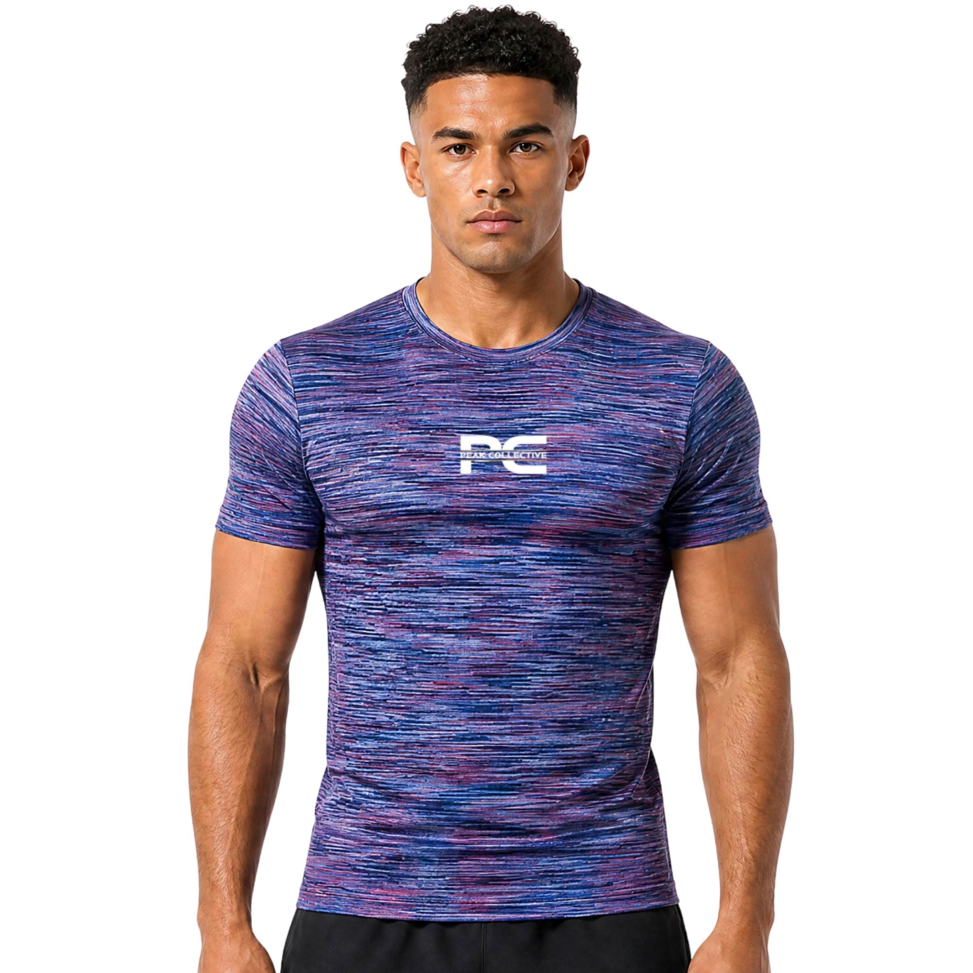 Male model wearing AeroSpace Magenta Pulse multicoloured running and training t-shirt with logo on white background – breathable men’s performance shirt for gym workouts, jogging, fitness training, and activewear