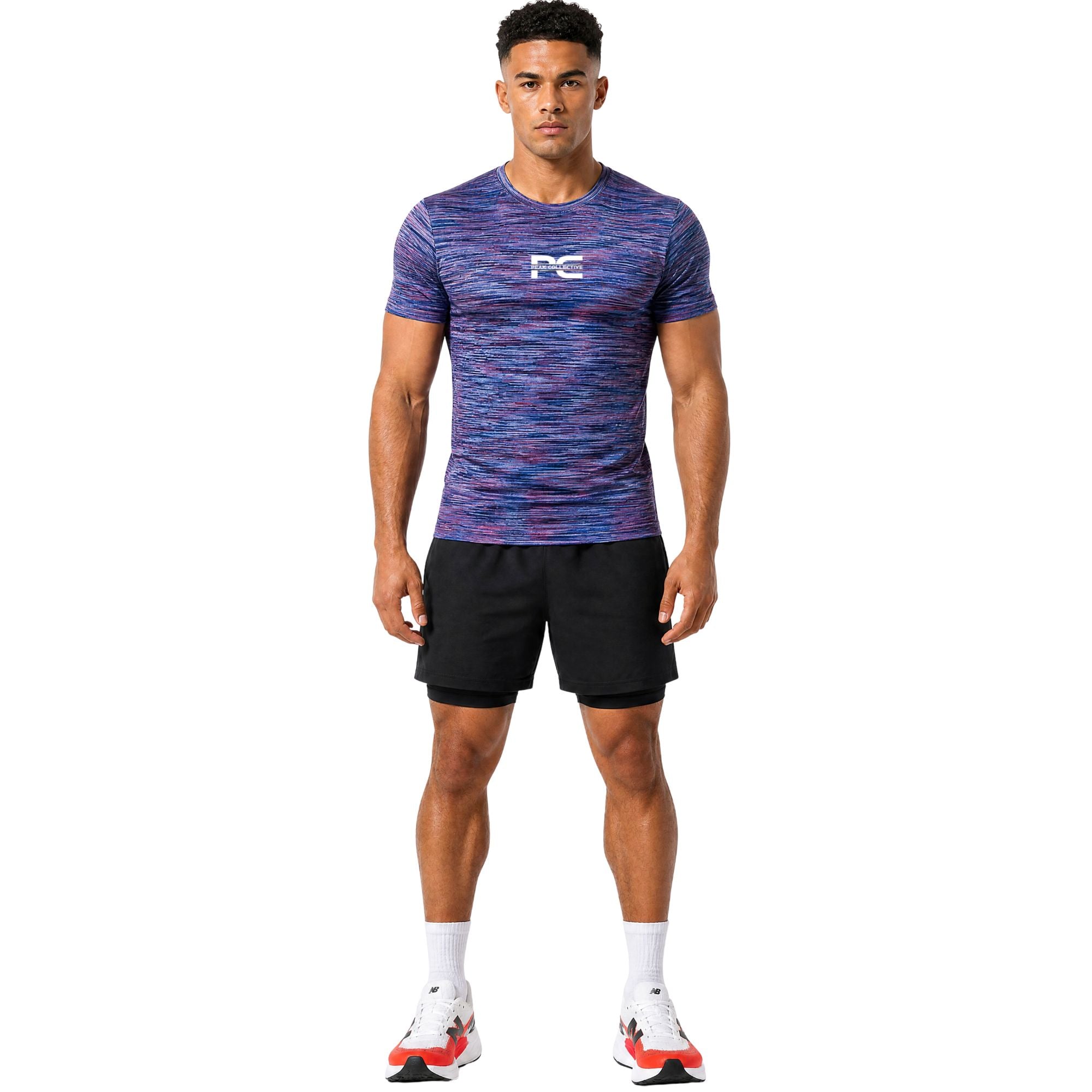 Male model wearing AeroSpace Magenta Pulse multicoloured running and training t-shirt with logo on white background – breathable men’s performance shirt for gym workouts, running, jogging, fitness training, and activewear