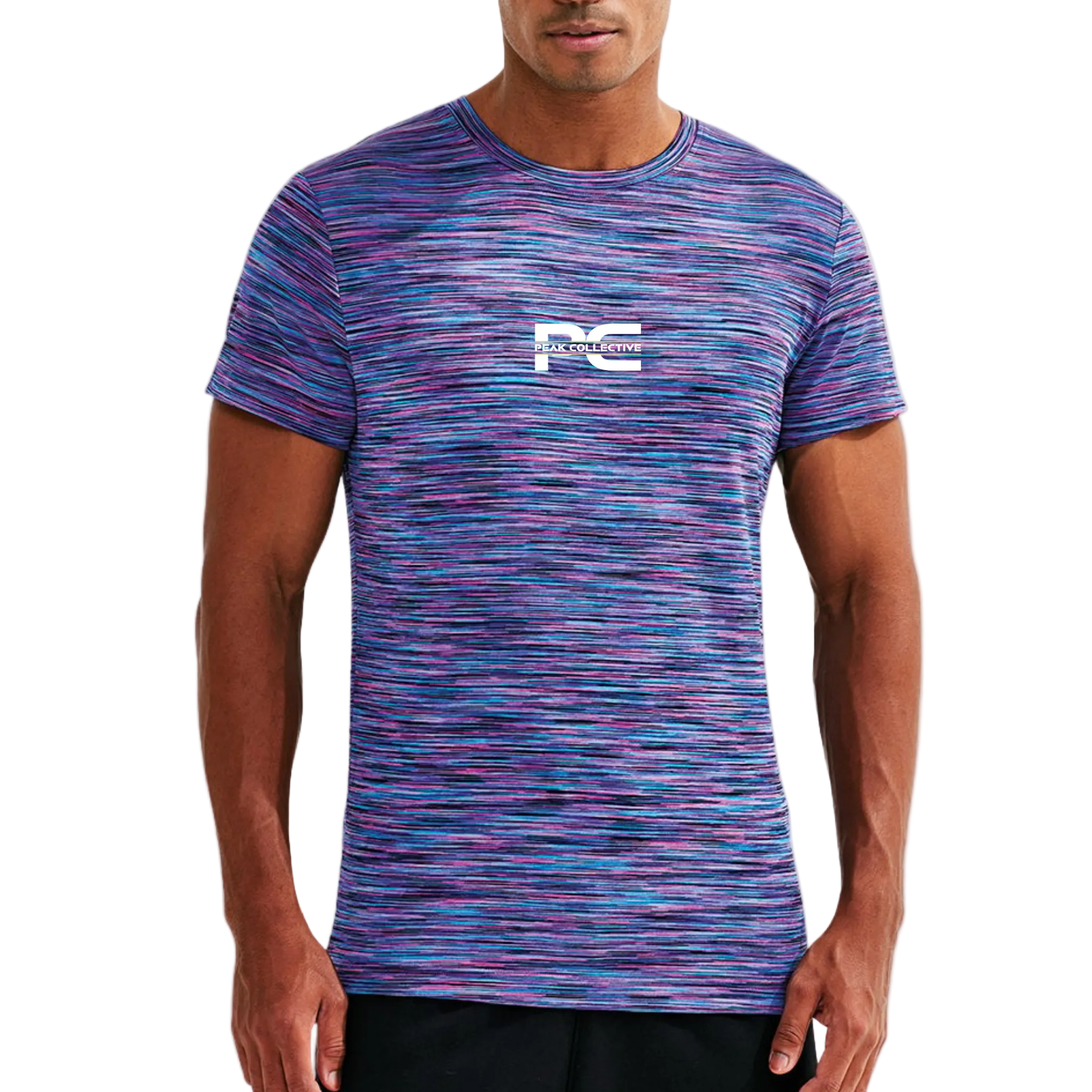 Male model wearing AeroSpace Magenta Pulse multicoloured running and training t-shirt with logo, breathable performance sportswear on white background.