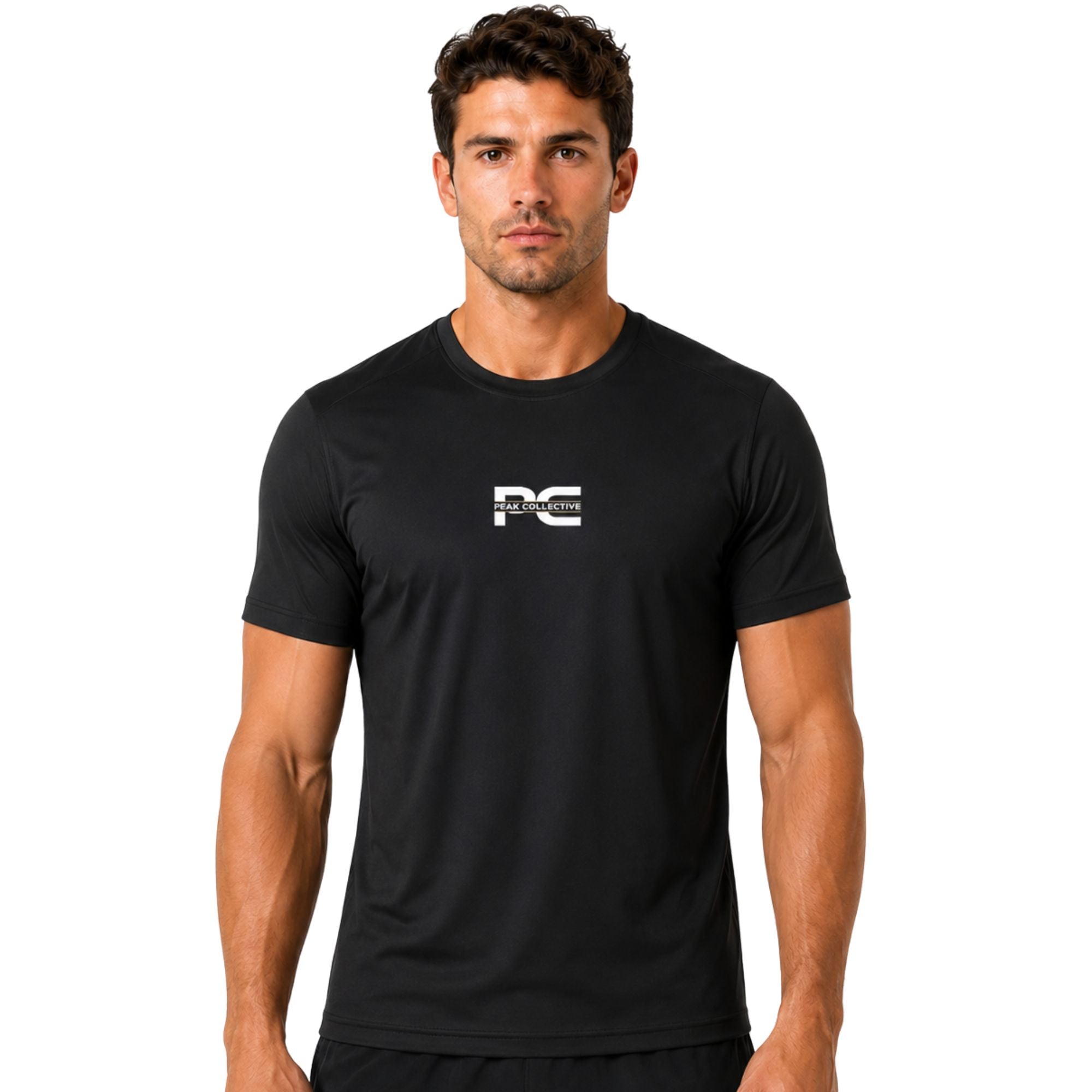 Male model wearing black AeroTee Sapphire short-sleeve performance shirt with logo on white background – lightweight men’s running top for gym workouts, training, jogging, and activewear performance