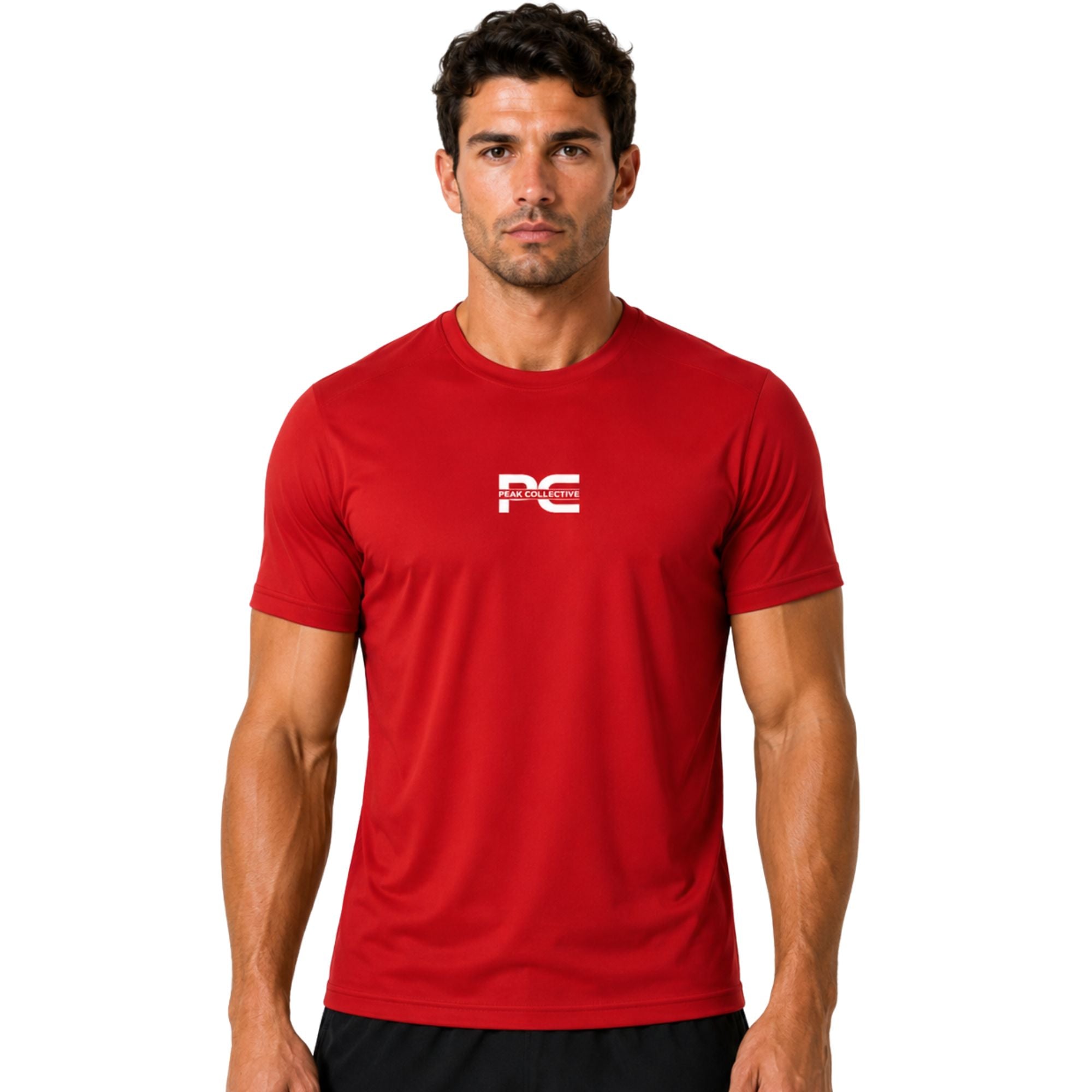 Male model wearing red AeroTee Sapphire short-sleeve performance shirt with logo on white background – lightweight men’s running top for gym workouts, training, jogging, and activewear performance