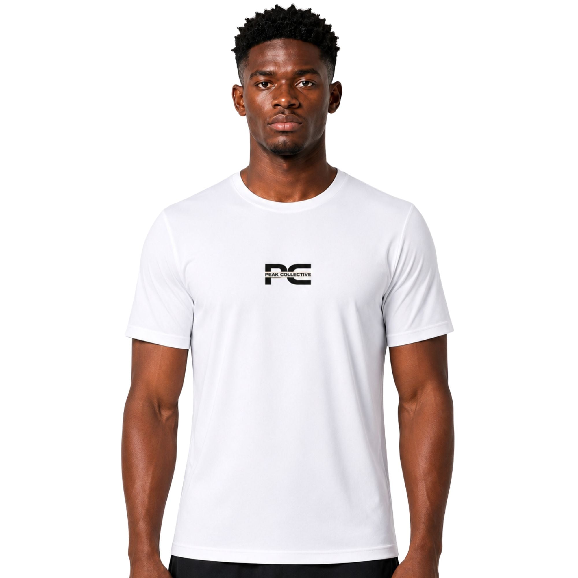 Male model wearing white AeroTee Sapphire short-sleeve performance shirt with logo on white background – lightweight men’s running top for gym workouts, training, jogging, and activewear performance