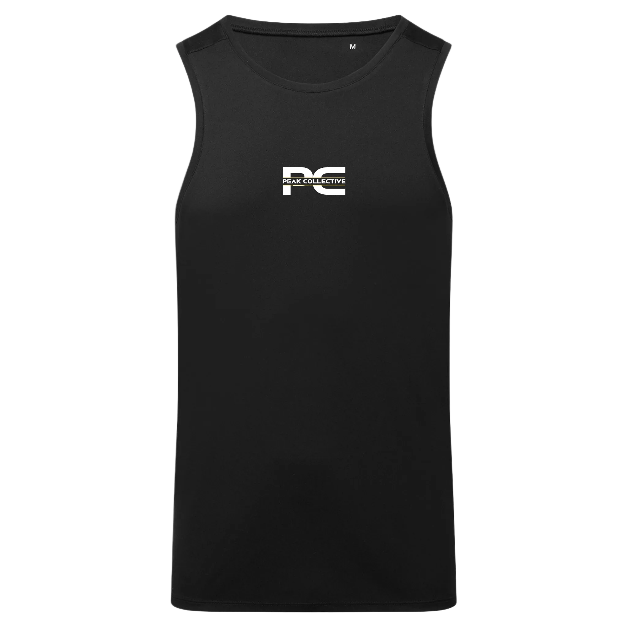 Men’s black AeroVest sleeveless performance vest shirt with logo, displayed on a light grey background, ideal for running, training, and active movement.