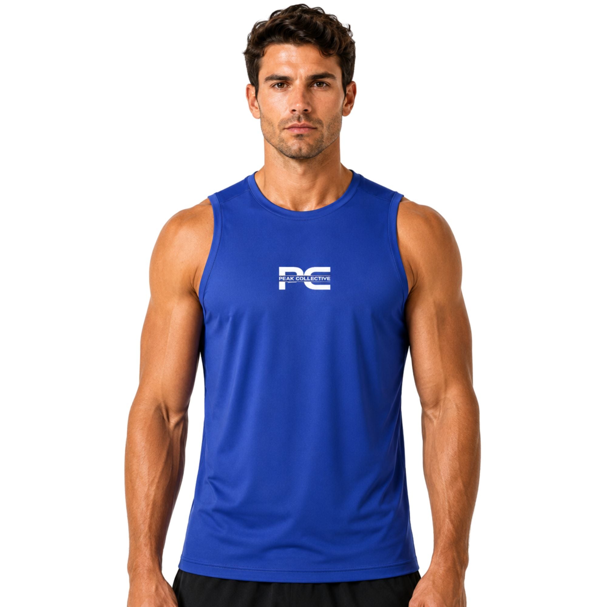 Male model wearing royal blue AeroVest sleeveless performance shirt with logo on white background – lightweight men’s running vest for gym workouts, training, jogging, and activewear performance