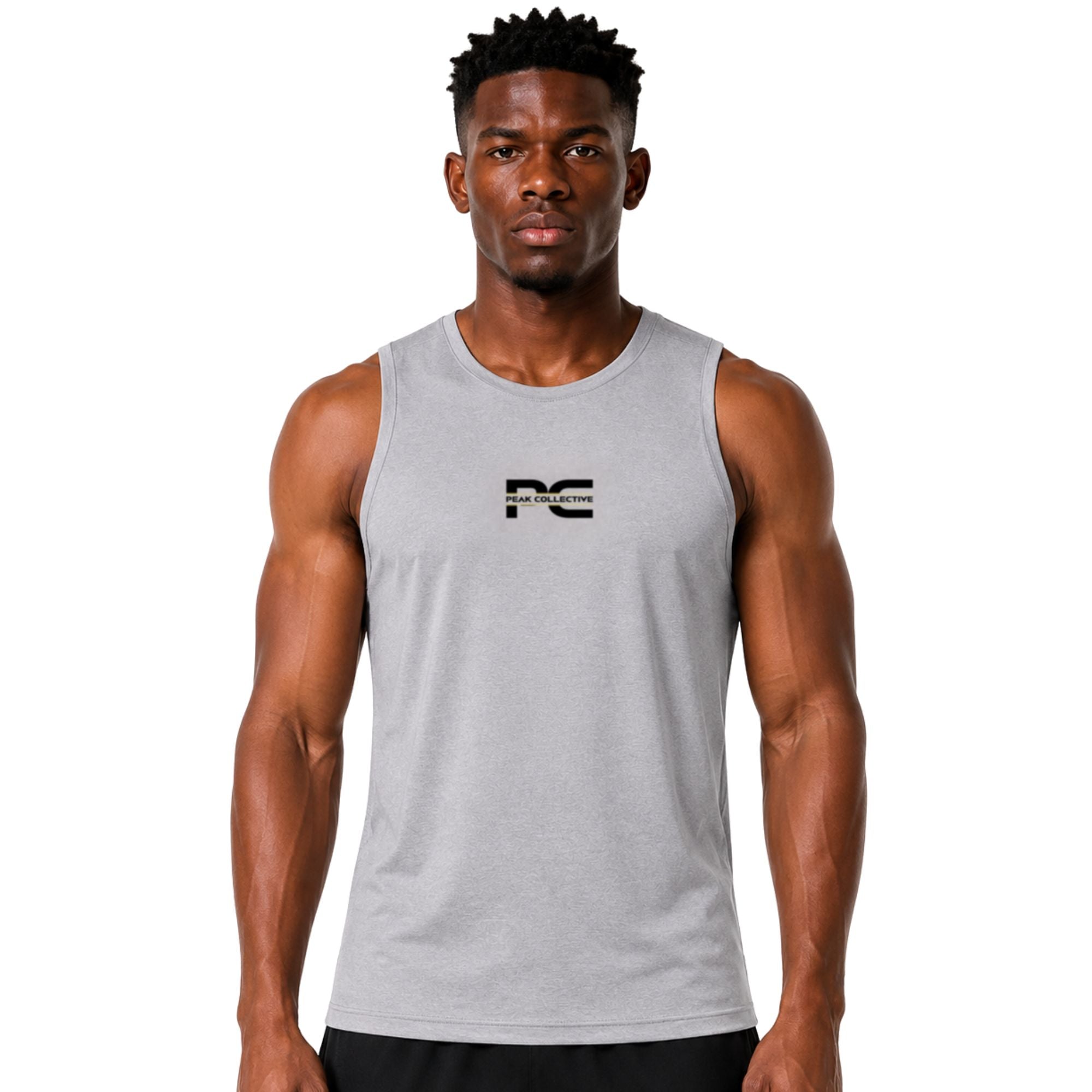 Male model wearing silver AeroVest sleeveless performance shirt with logo on white background – lightweight men’s running vest for gym workouts, training, jogging, and activewear performance