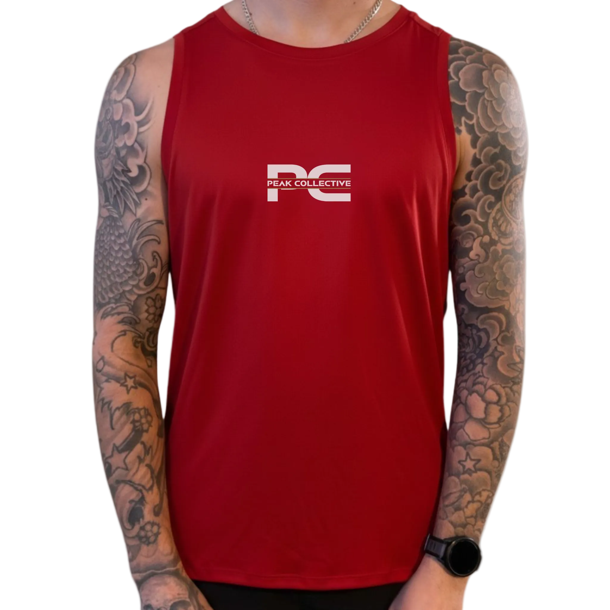 Model wearing AeroVest men’s performance vest in red with a visible logo on a plain background, designed for running, training, and active movement.