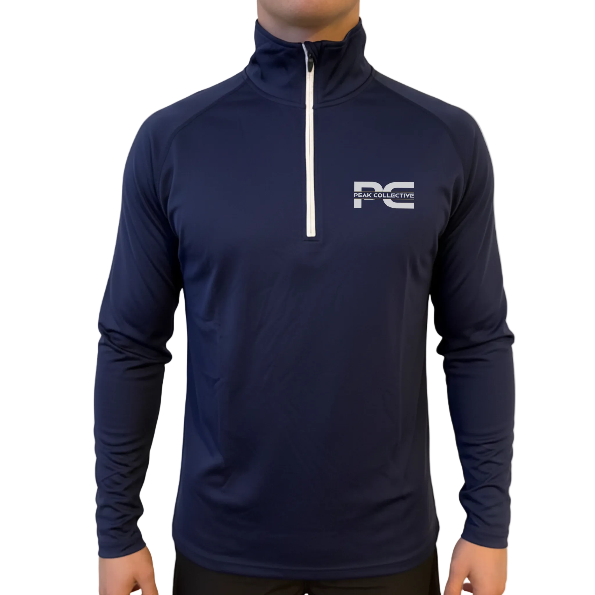Model wearing AeroZip 1/4 long sleeve performance jacket in navy with a visible logo on a grey background, designed for running, training, and active wear.