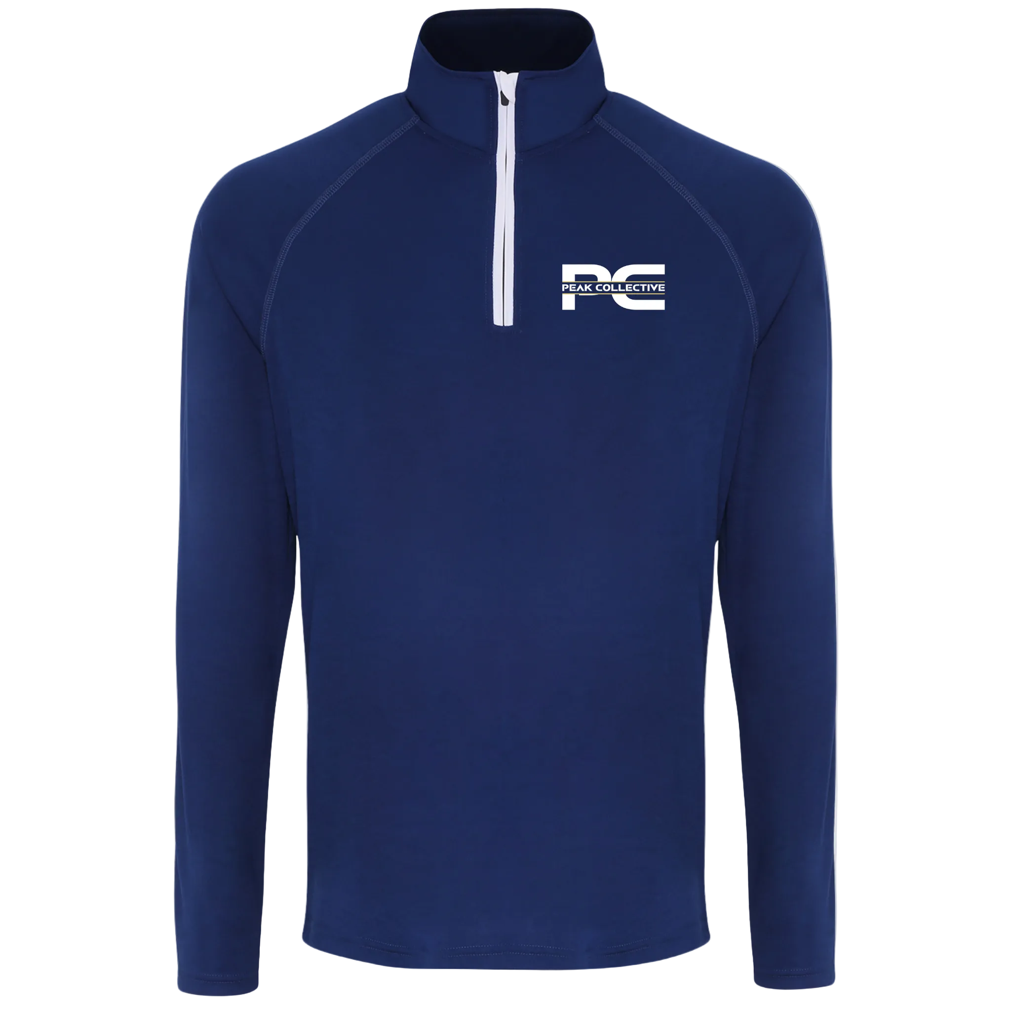 Men’s navy AeroZip performance pullover with 1/4 zip and logo, displayed on a neutral grey background, perfect for training, running, and outdoor fitness.