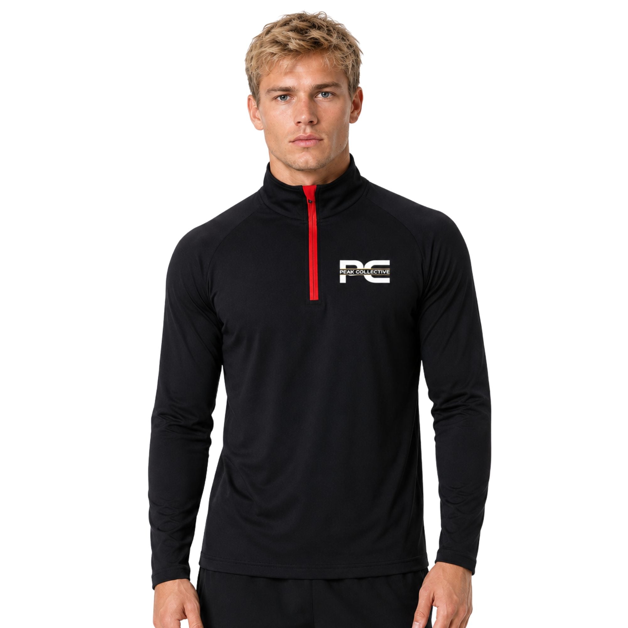 Male model wearing black/red AeroZip long-sleeve athletic top with red quarter zip on white background β lightweight menβs running layer for training, gym workouts, jogging, and activewear performance