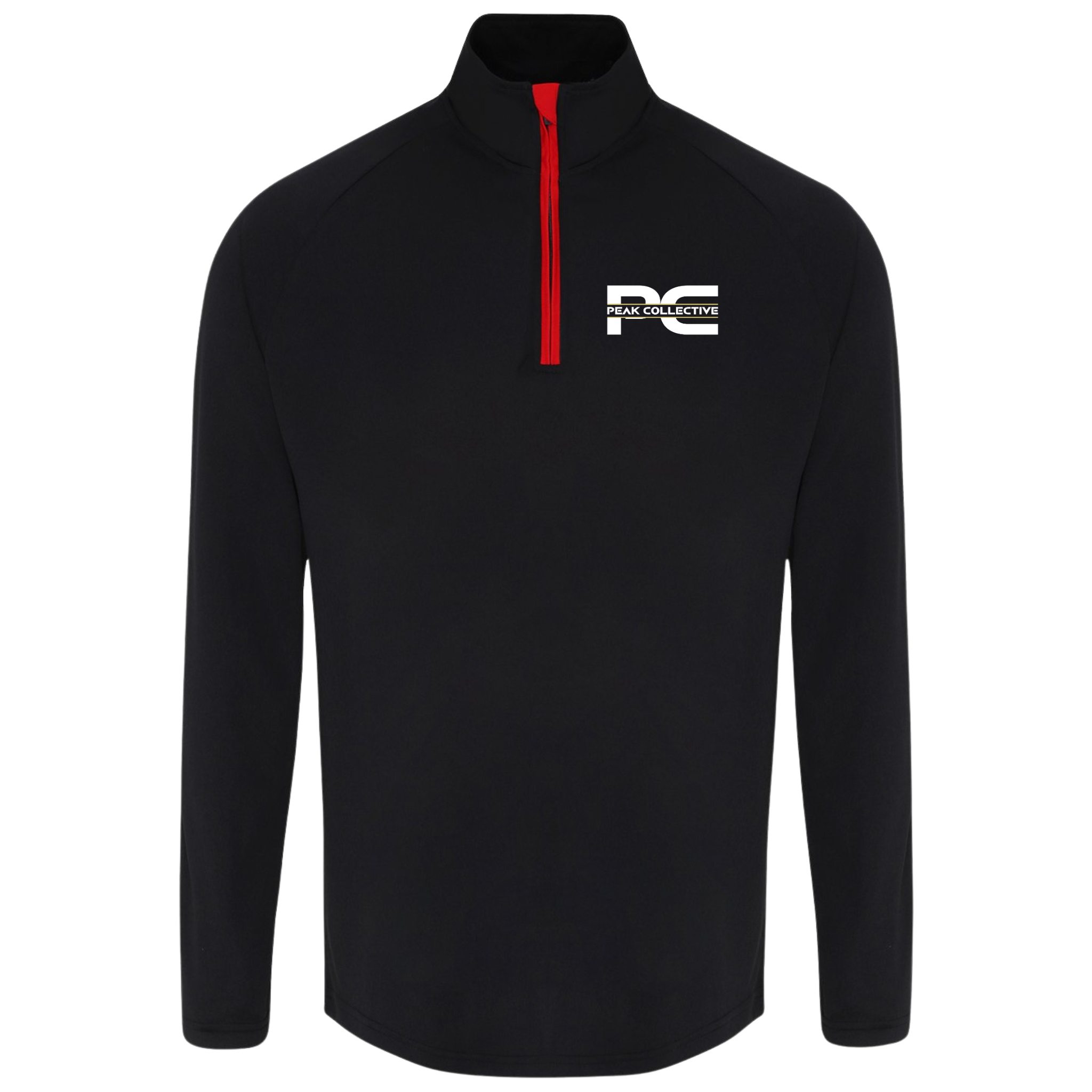 Men’s black/red AeroZip performance pullover with 1/4 zip and logo, displayed on a neutral grey background, perfect for training, running, and outdoor fitness.