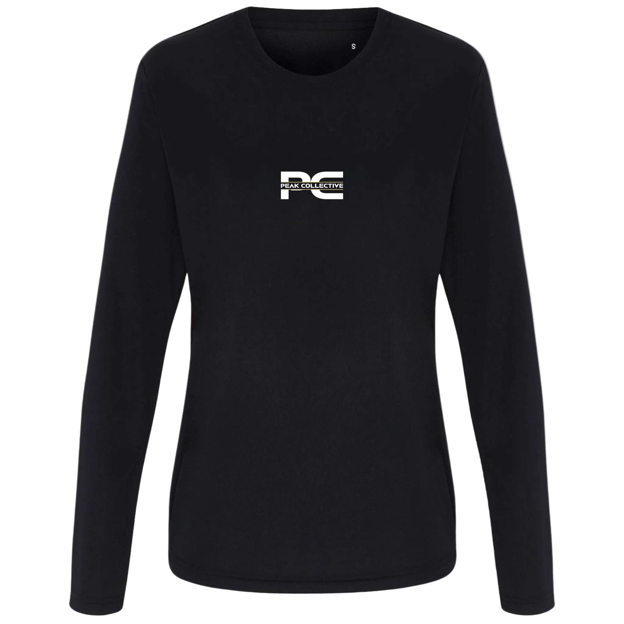 Women’s black AuraSleeve long-sleeve athletic top with logo, shown on a light grey background, ideal for running, gym, and fitness activities.