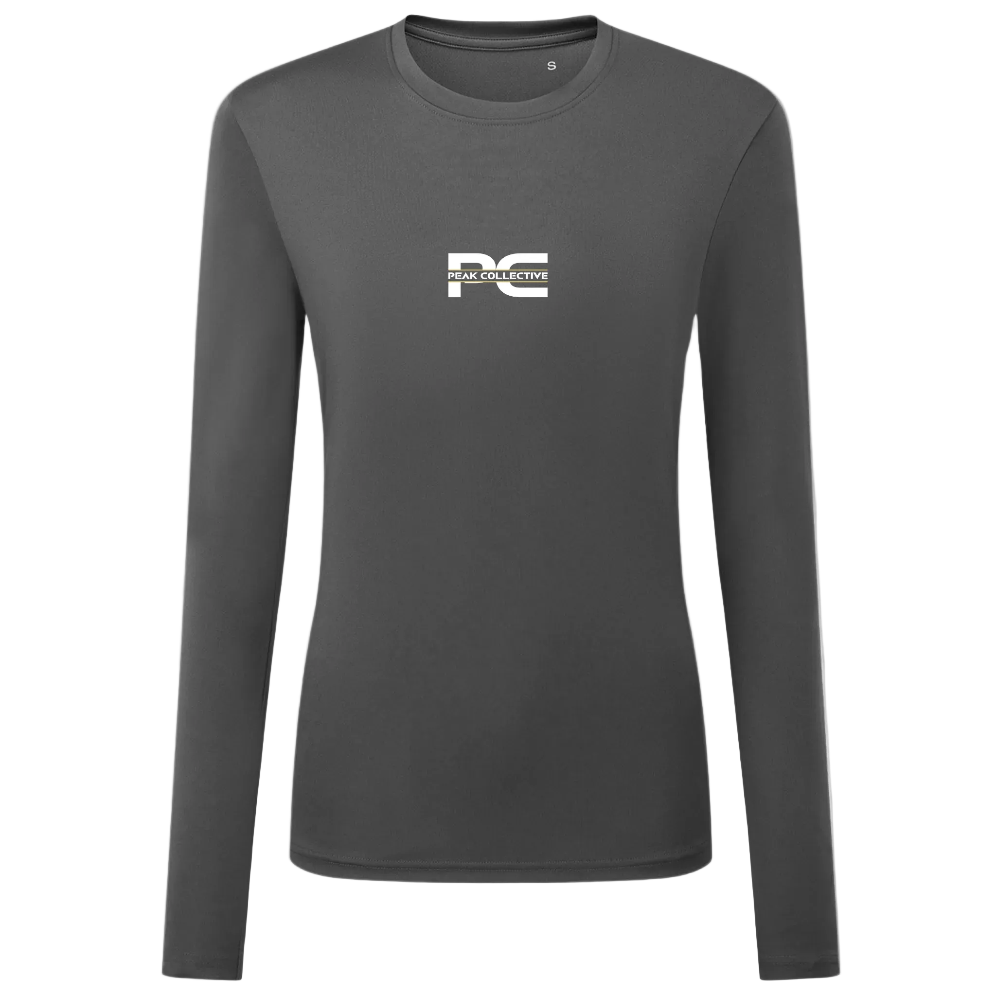Women’s charcoal AuraSleeve long-sleeve athletic top with logo, shown on a light grey background, ideal for running, gym, and fitness activities.