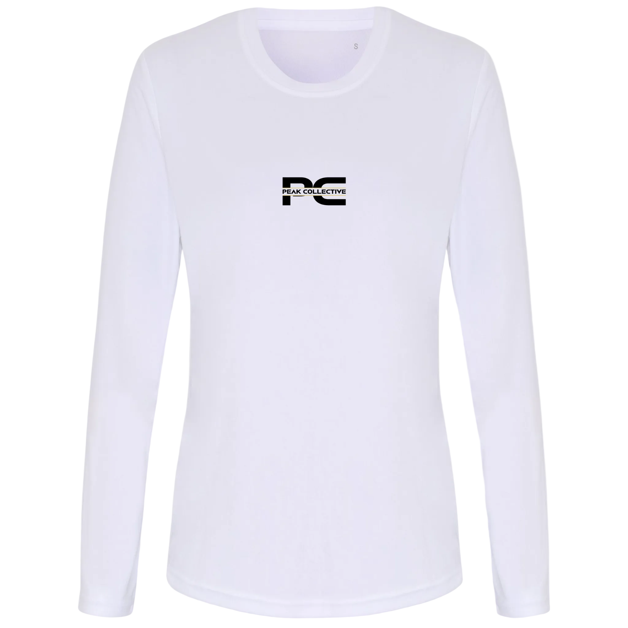 White women’s AuraSleeve long-sleeve athletic top with logo, shown on a light grey background, ideal for running, gym, and fitness activities.