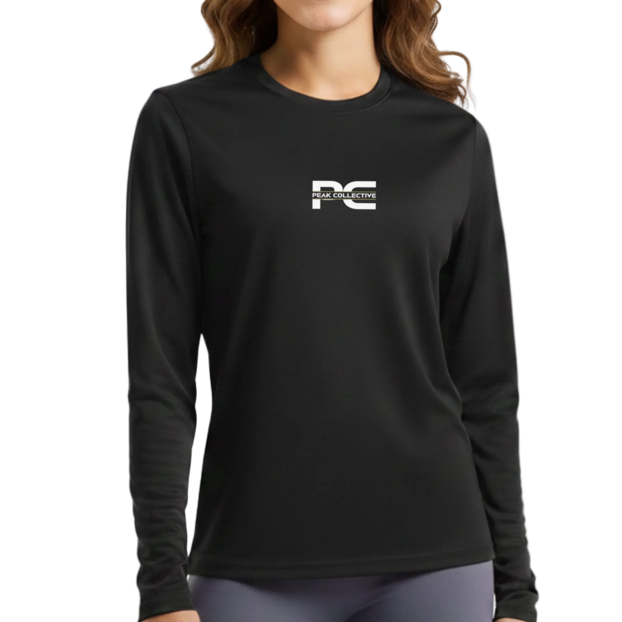 Model wearing AuraSleeve long sleeve performance top in black with a visible logo on a grey background, designed for running, training, and active workouts.