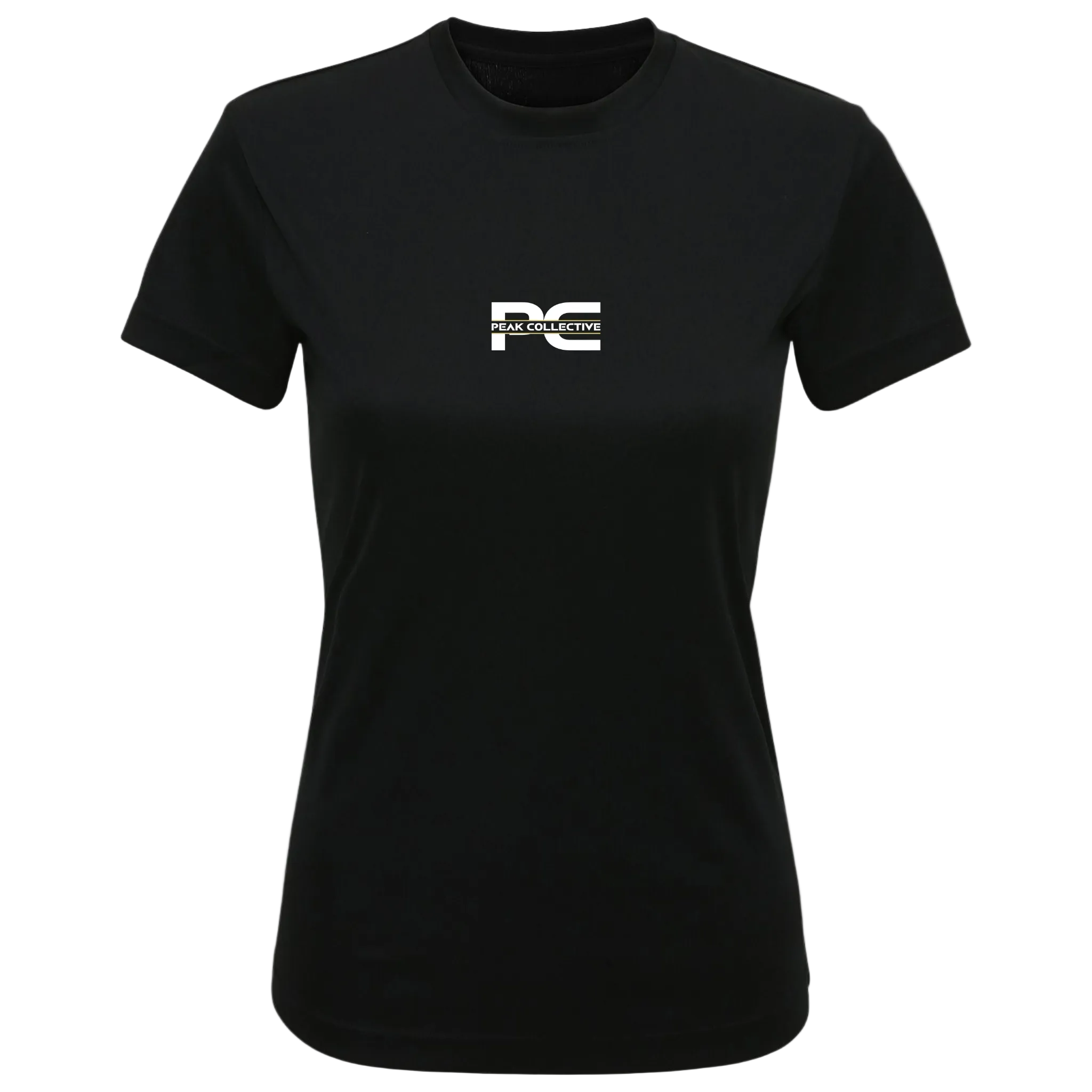 Women’s AuraTee short sleeve performance t-shirt in black with logo, displayed on a light grey background, designed for running, training, and active workouts.
