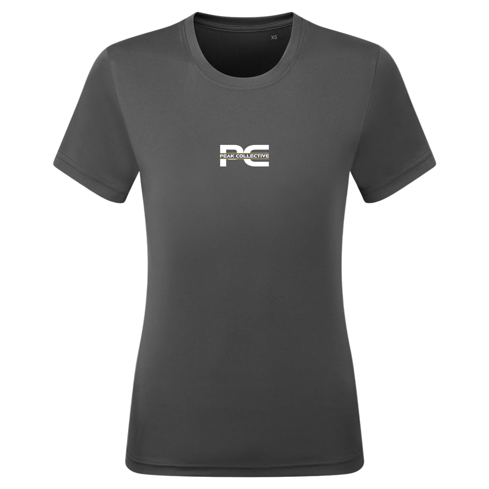 Women’s AuraTee short sleeve performance t-shirt in charcoal with logo, displayed on a light grey background, designed for running, training, and active workouts.