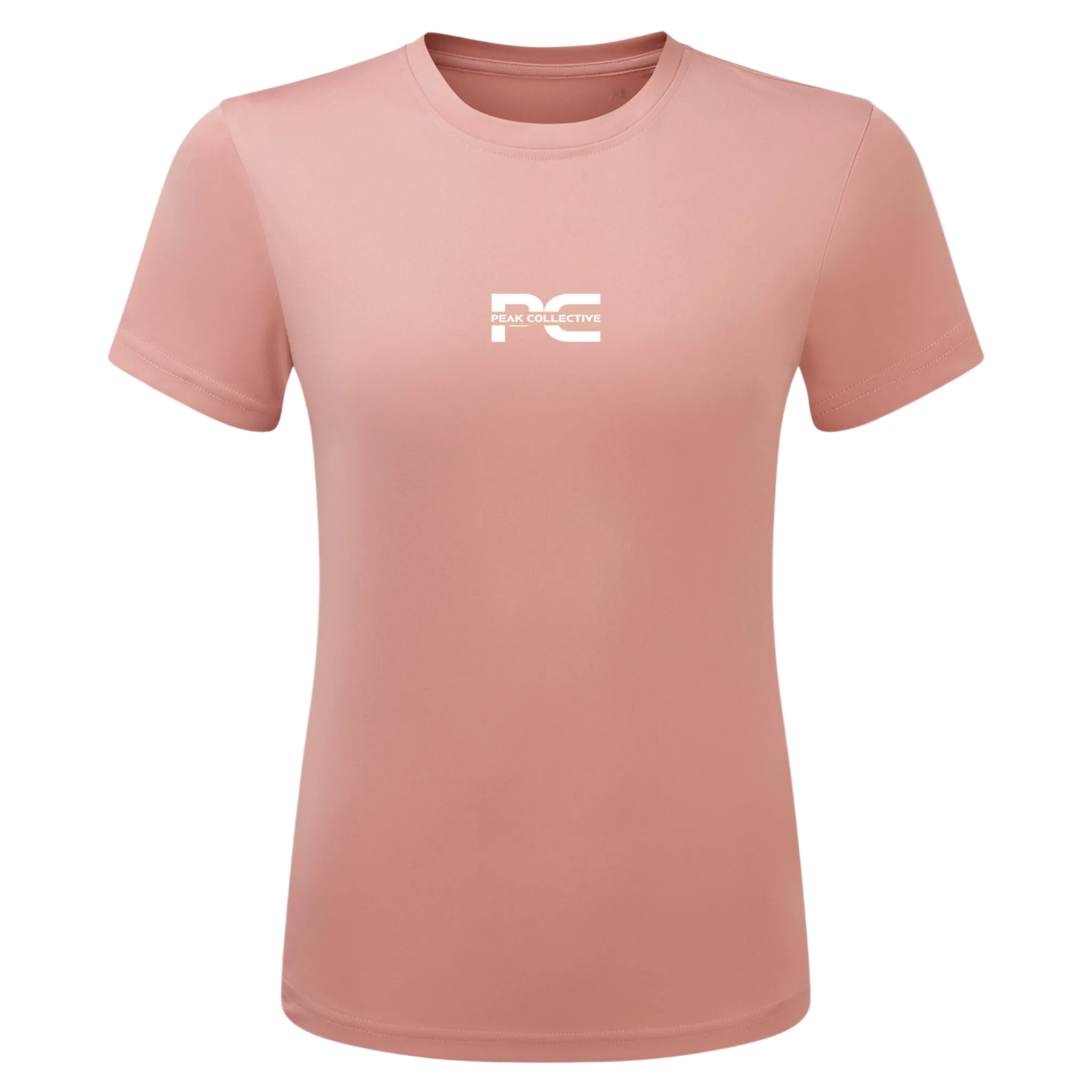 Women’s AuraTee short sleeve performance t-shirt in dusky pink with logo, displayed on a light grey background, designed for running, training, and active workouts.