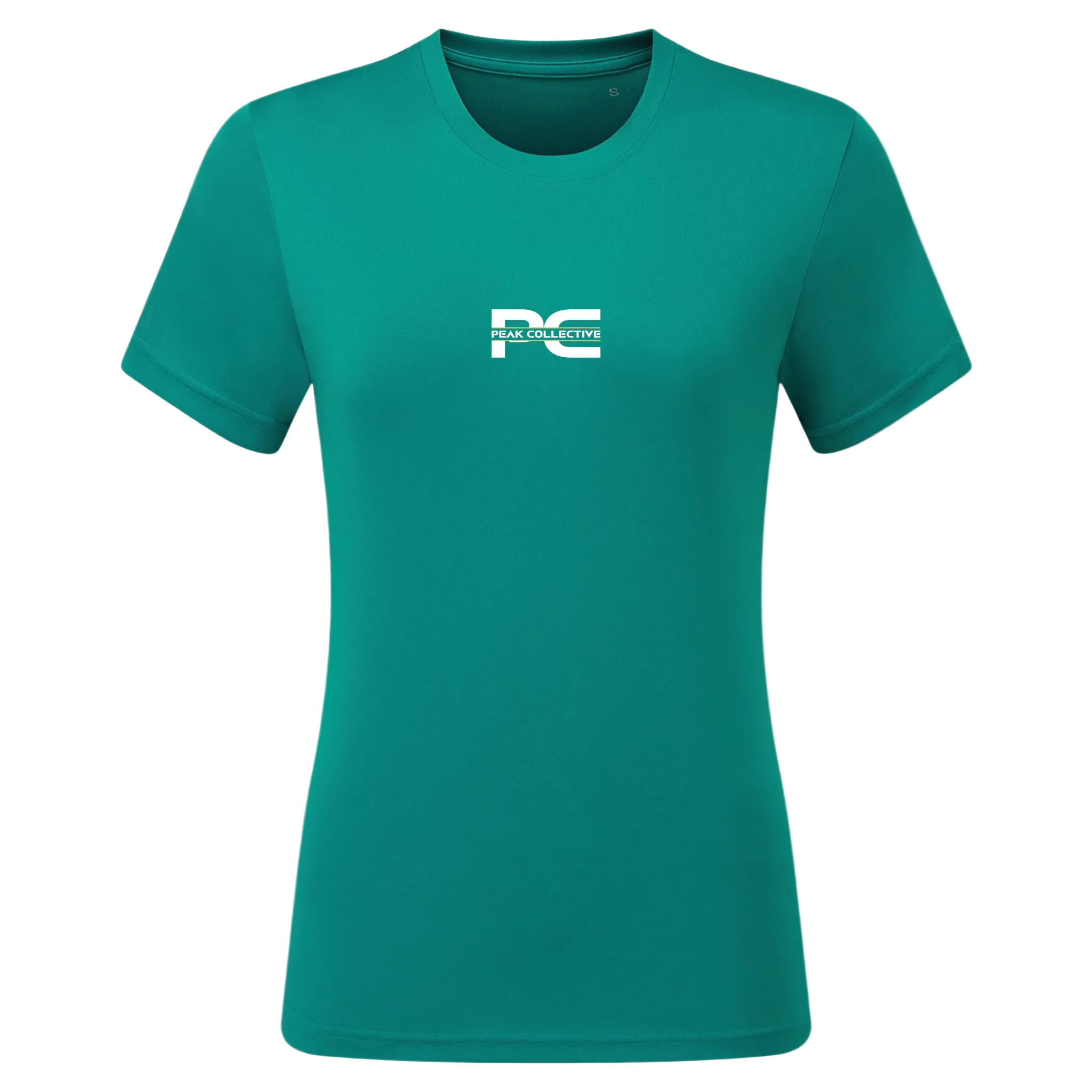 Women’s AuraTee short sleeve performance t-shirt in jade with logo, displayed on a light grey background, designed for running, training, and active workouts.