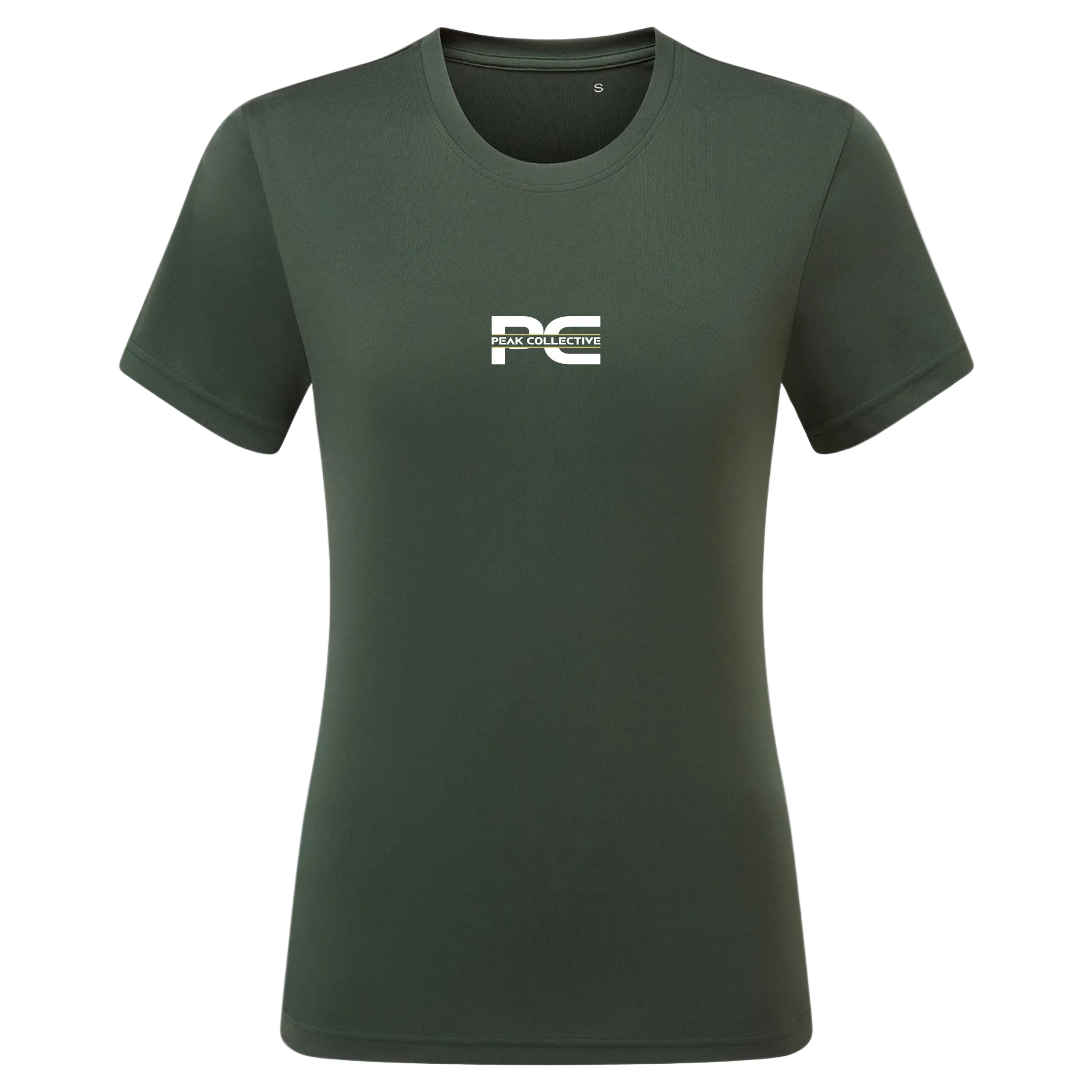Women’s AuraTee short sleeve performance t-shirt in khaki with logo, displayed on a light grey background, designed for running, training, and active workouts.