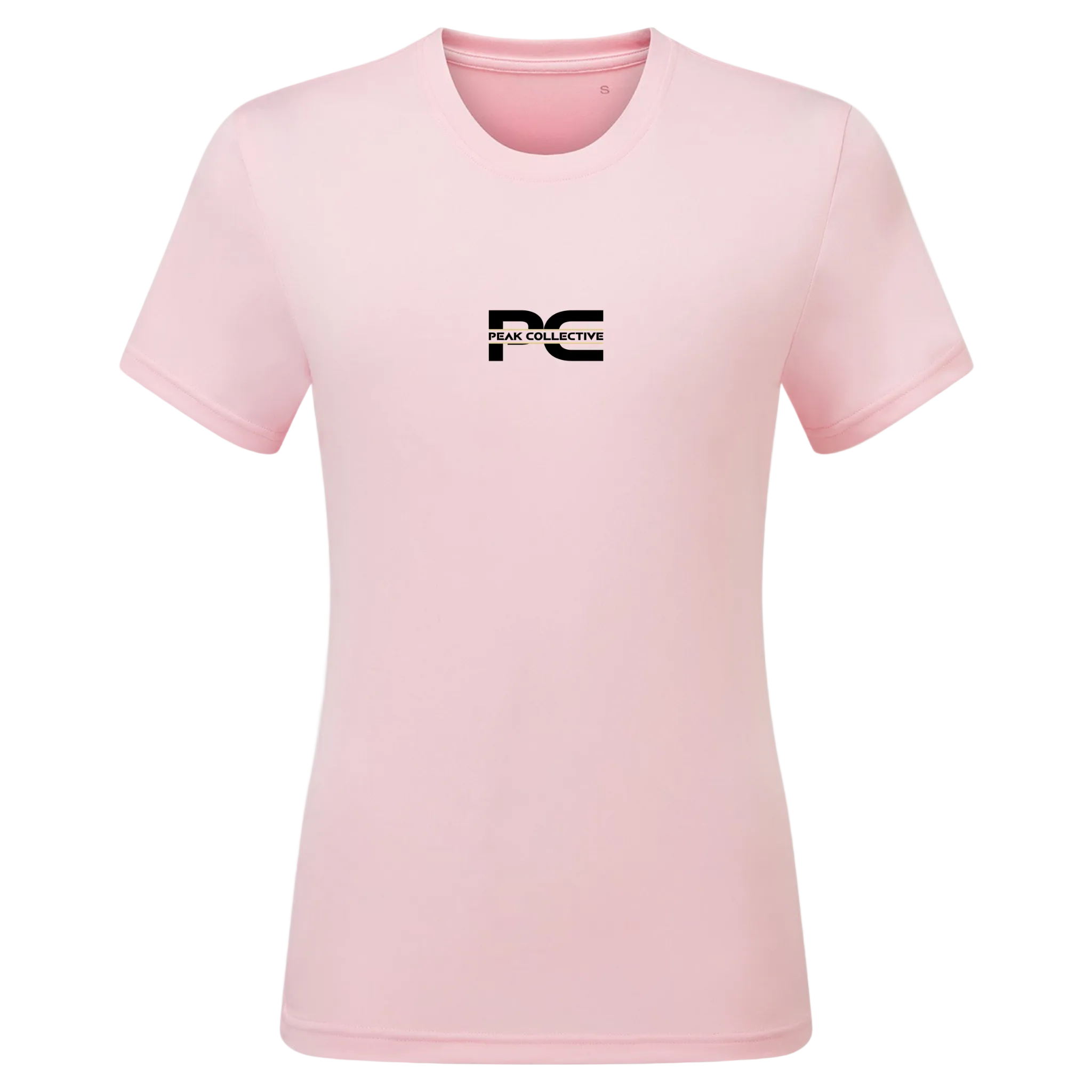 Women’s AuraTee short sleeve performance t-shirt in light pink with logo, displayed on a light grey background, designed for running, training, and active workouts.