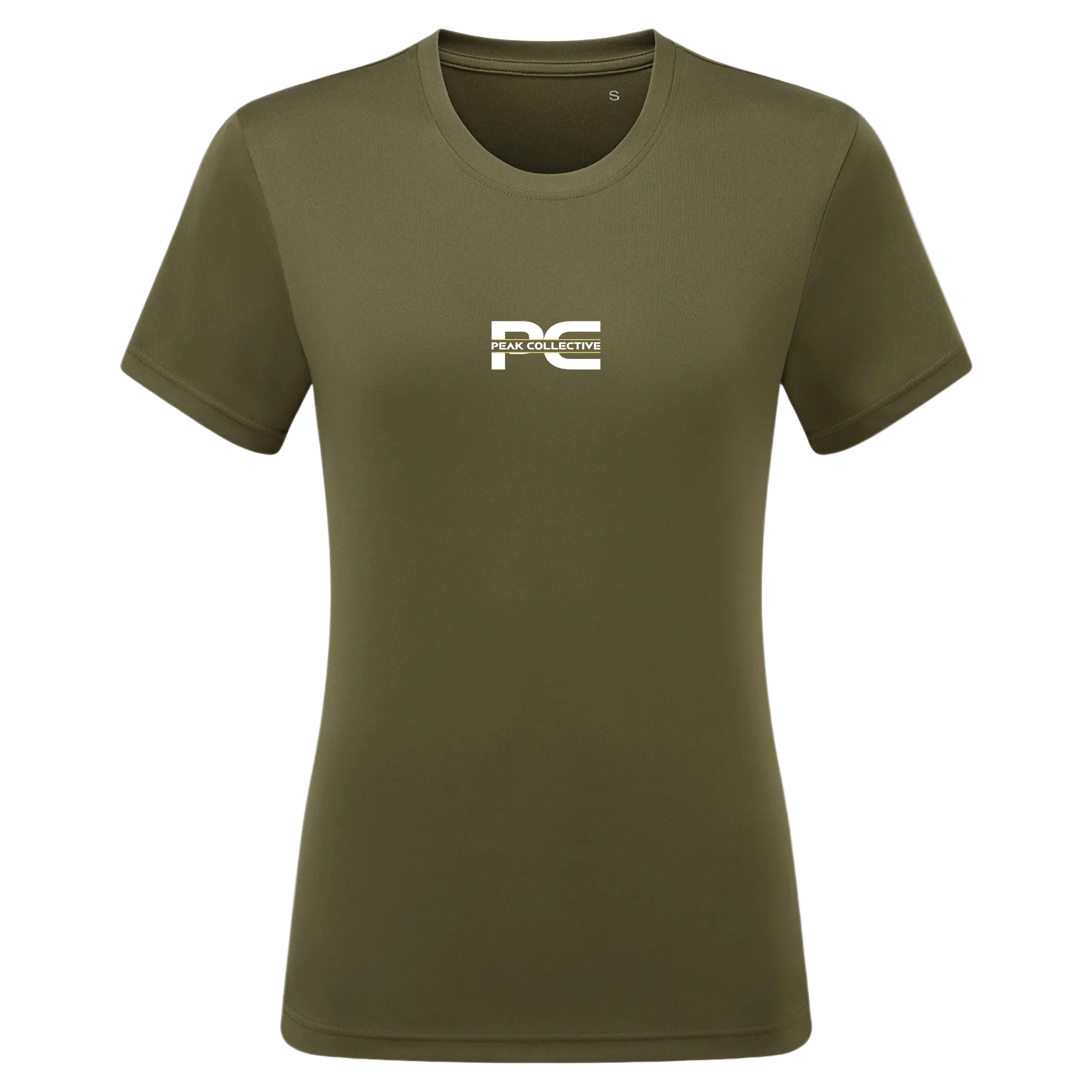 Women’s AuraTee short sleeve performance t-shirt in olive with logo, displayed on a light grey background, designed for running, training, and active workouts.