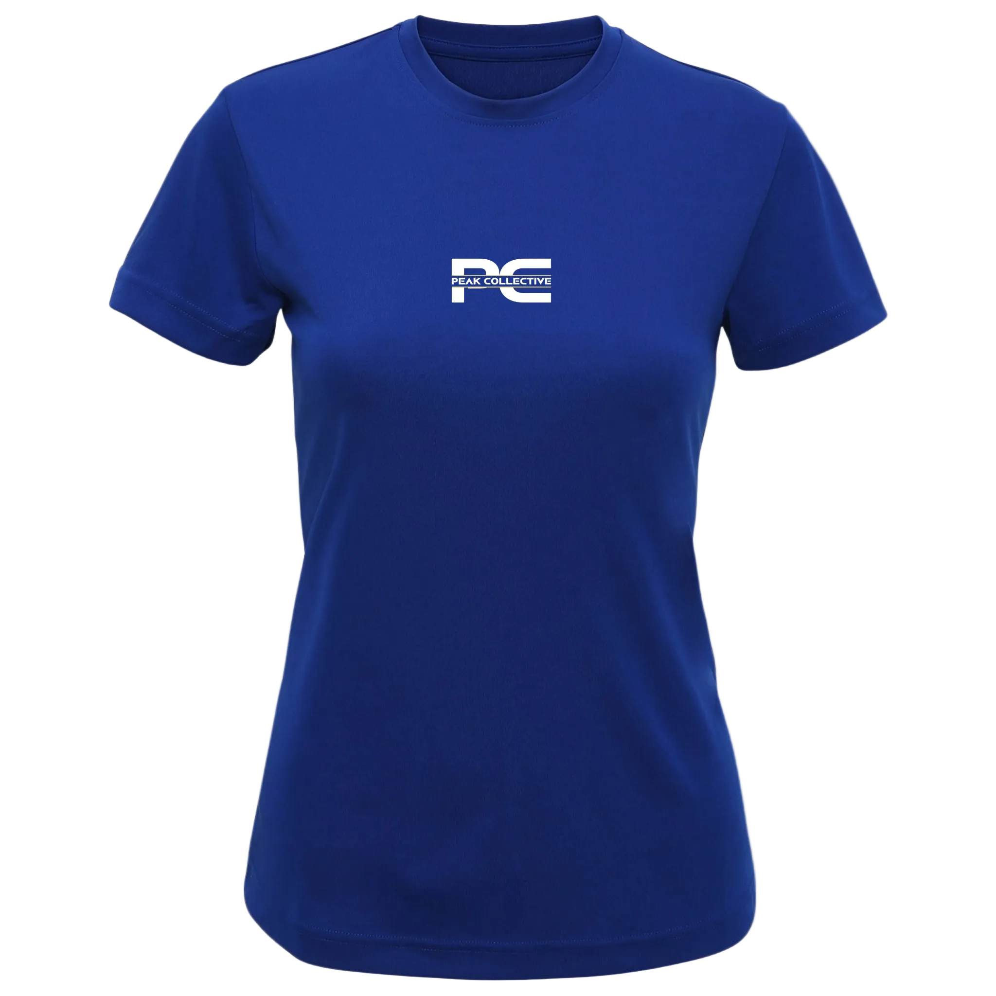 Women’s AuraTee short sleeve performance t-shirt in royal blue with logo, displayed on a light grey background, designed for running, training, and active workouts.
