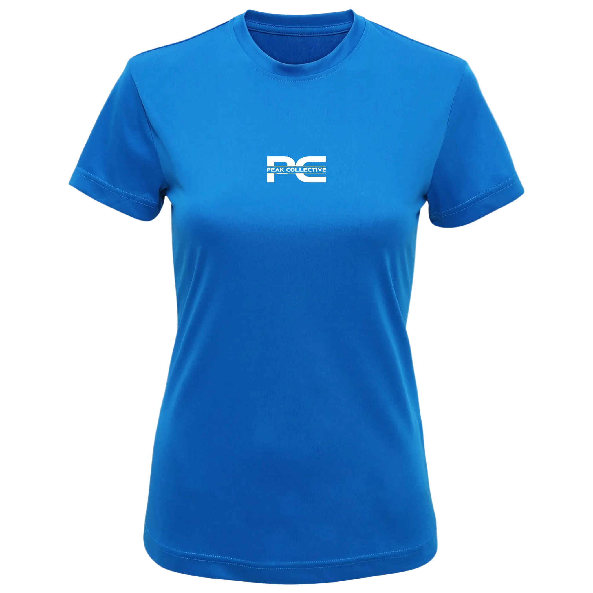 Women’s AuraTee short sleeve performance t-shirt in sapphire blue with logo, displayed on a light grey background, designed for running, training, and active workouts.