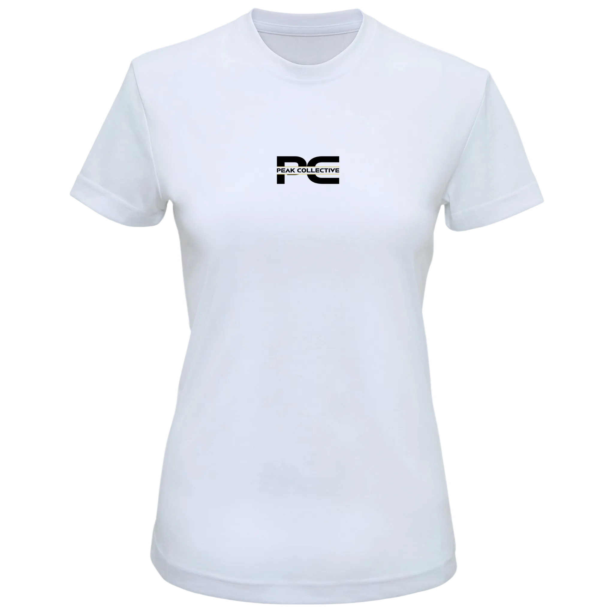 Women’s AuraTee short sleeve performance t-shirt in white with logo, displayed on a light grey background, designed for running, training, and active workouts.