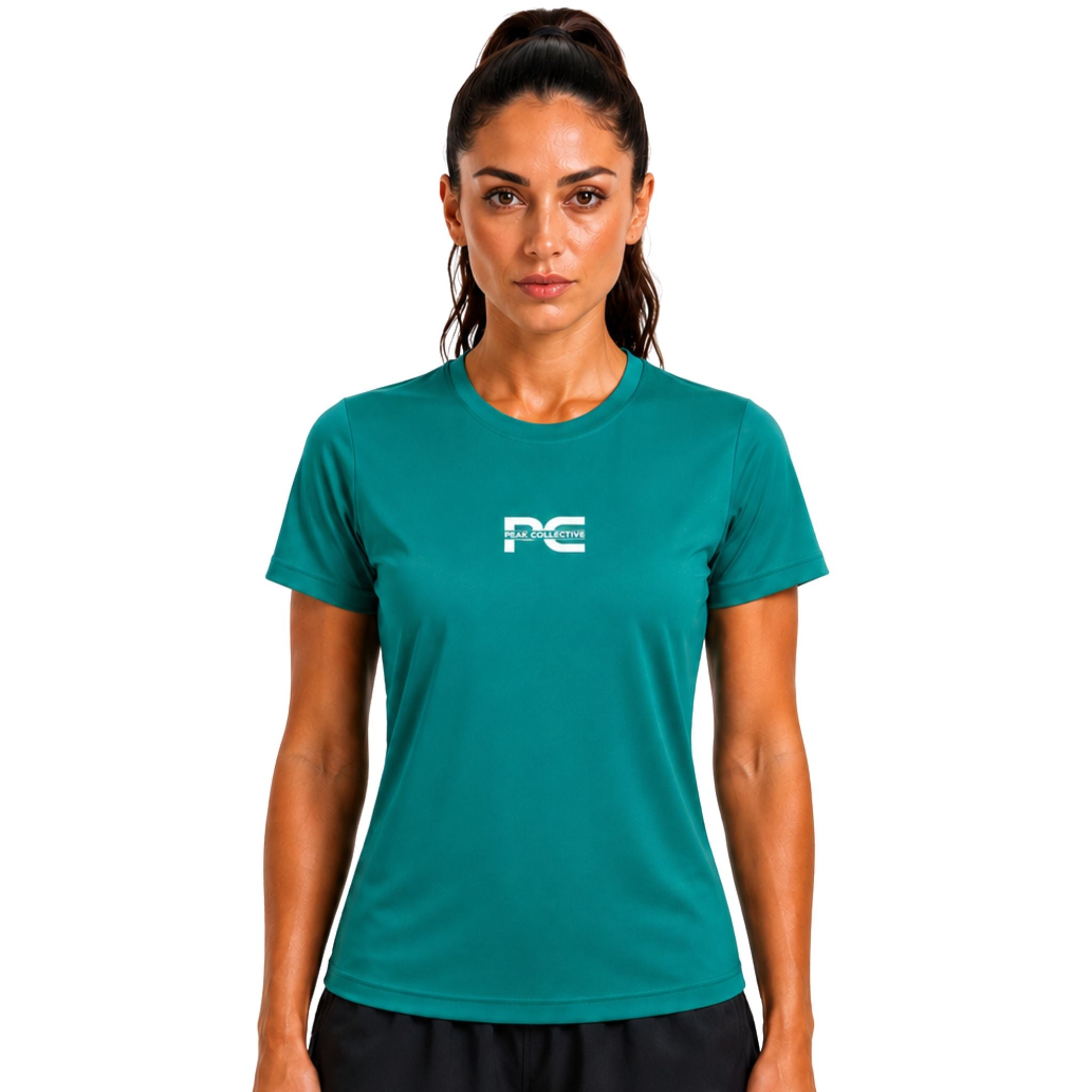 Woman wearing jade AuraTee athletic performance shirt with logo on white background – lightweight women’s running top for gym workouts, training, jogging, and everyday activewear