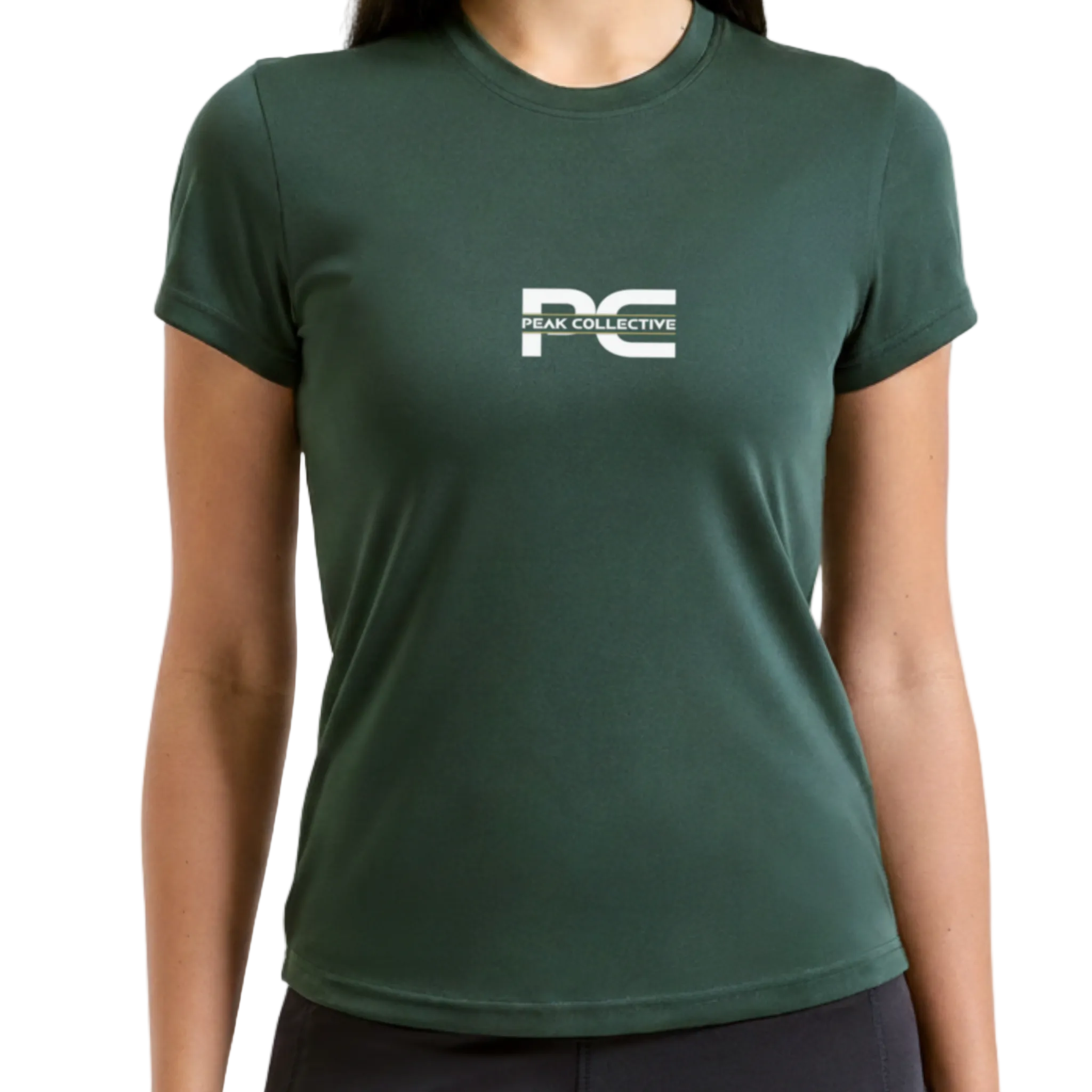 Person wearing AuraTee green t-shirt with Peak Collective logo on a white background, designed for training, running workouts, and everyday active wear.