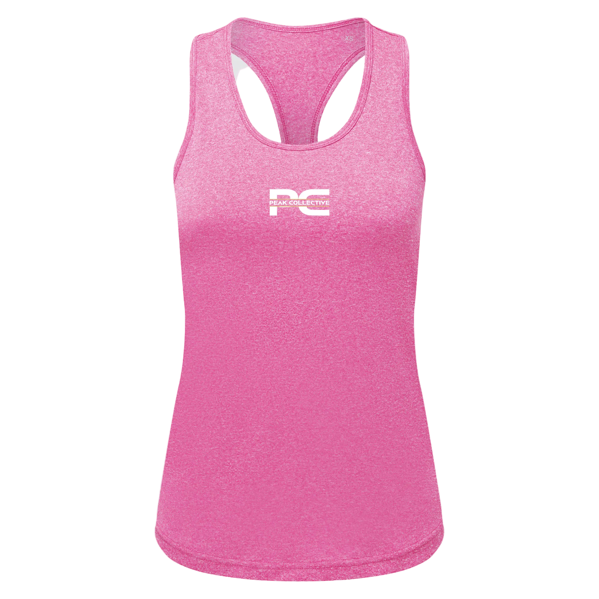 Women’s AuraVest performance vest tank top in pink with white logo, displayed on a light grey background, designed for running, training, and active movement.