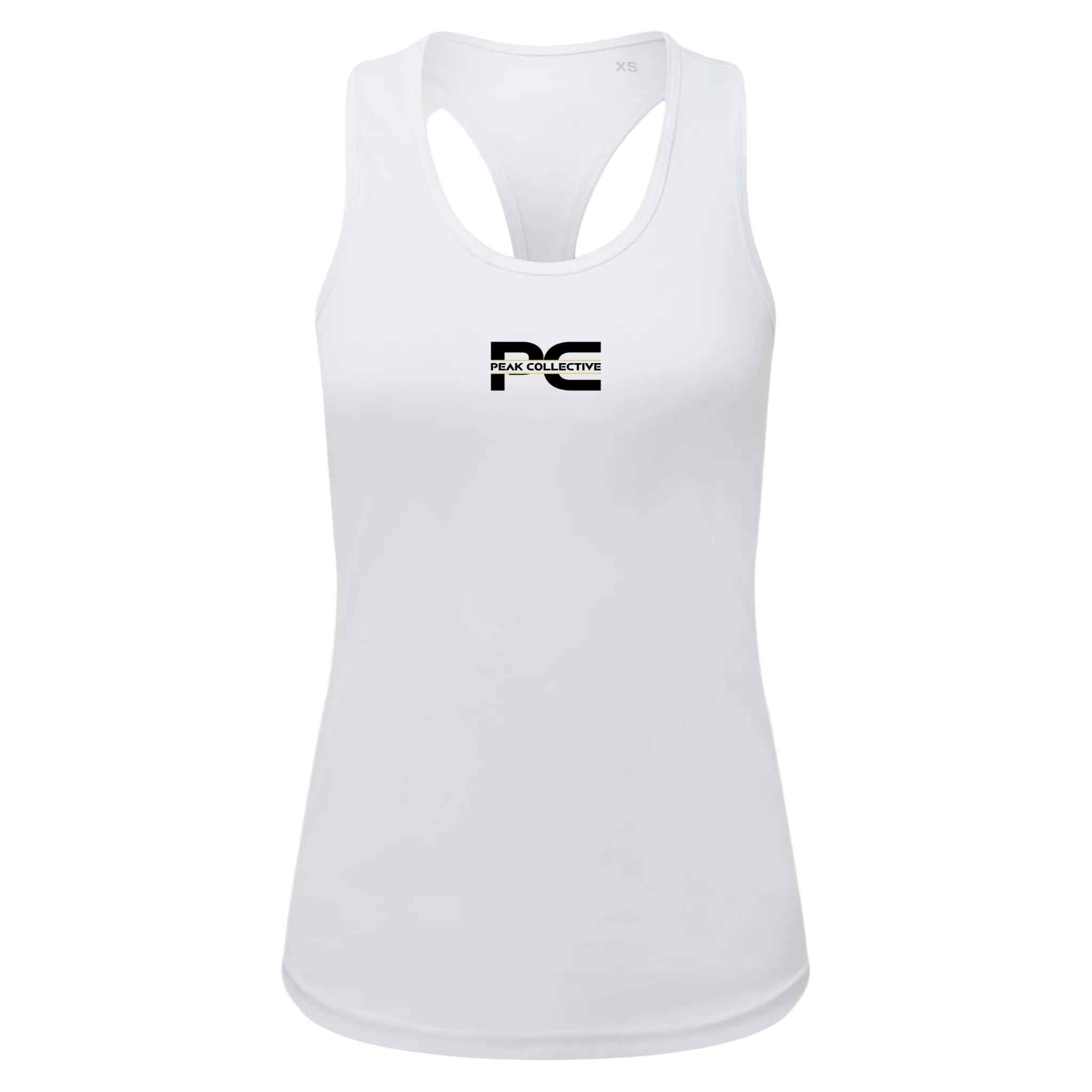 Women’s AuraVest performance vest tank top in white with black logo, displayed on a light grey background, designed for running, training, and active movement.