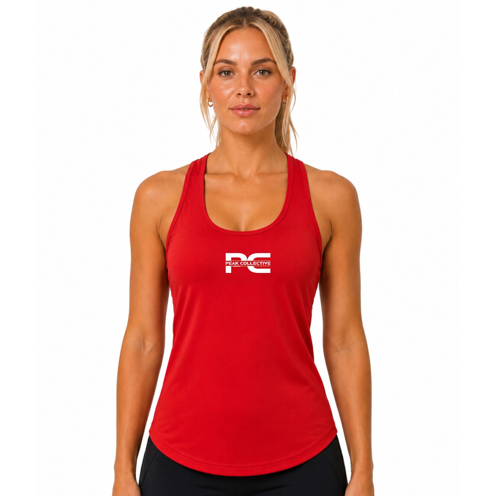 Woman wearing red AuraVest tank top with logo on white background – lightweight women’s performance vest for running, gym workouts, training sessions, and everyday activewear