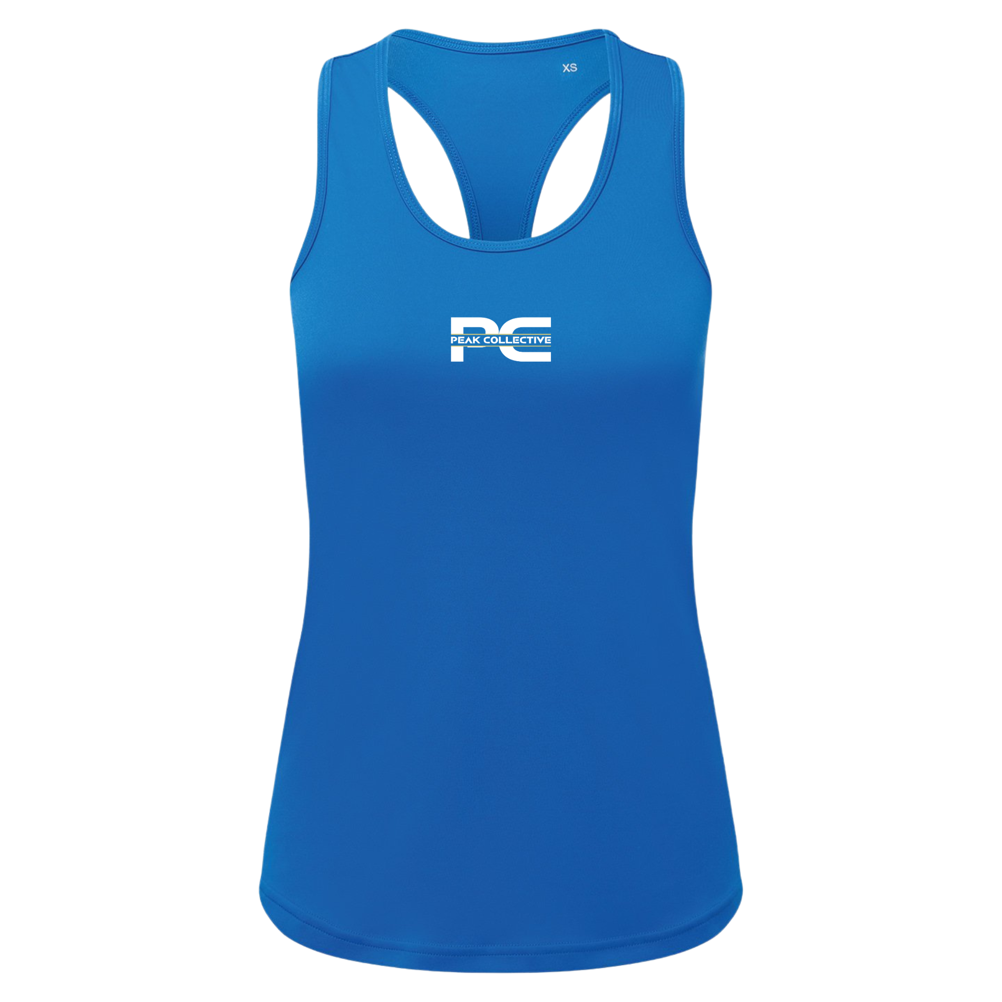 Women’s AuraVest performance vest tank top in sapphire blue with white logo, displayed on a light grey background, designed for running, training, and active movement.